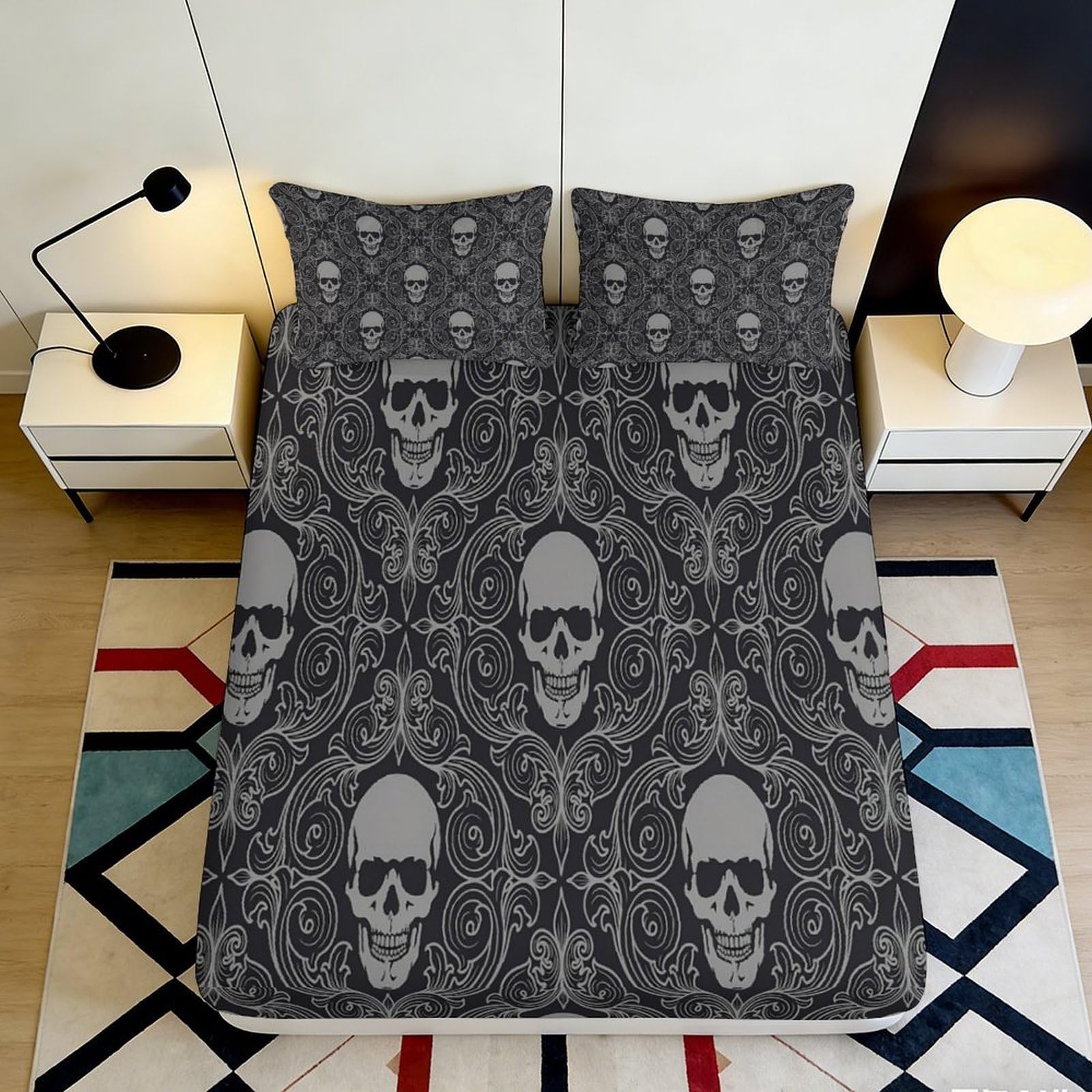 3D Printed Gothic Skull Fitted Sheet Microfiber Soft Black Skeleton Mattress Cover for Bedroom Guest Room Decoration 90x200x25cm