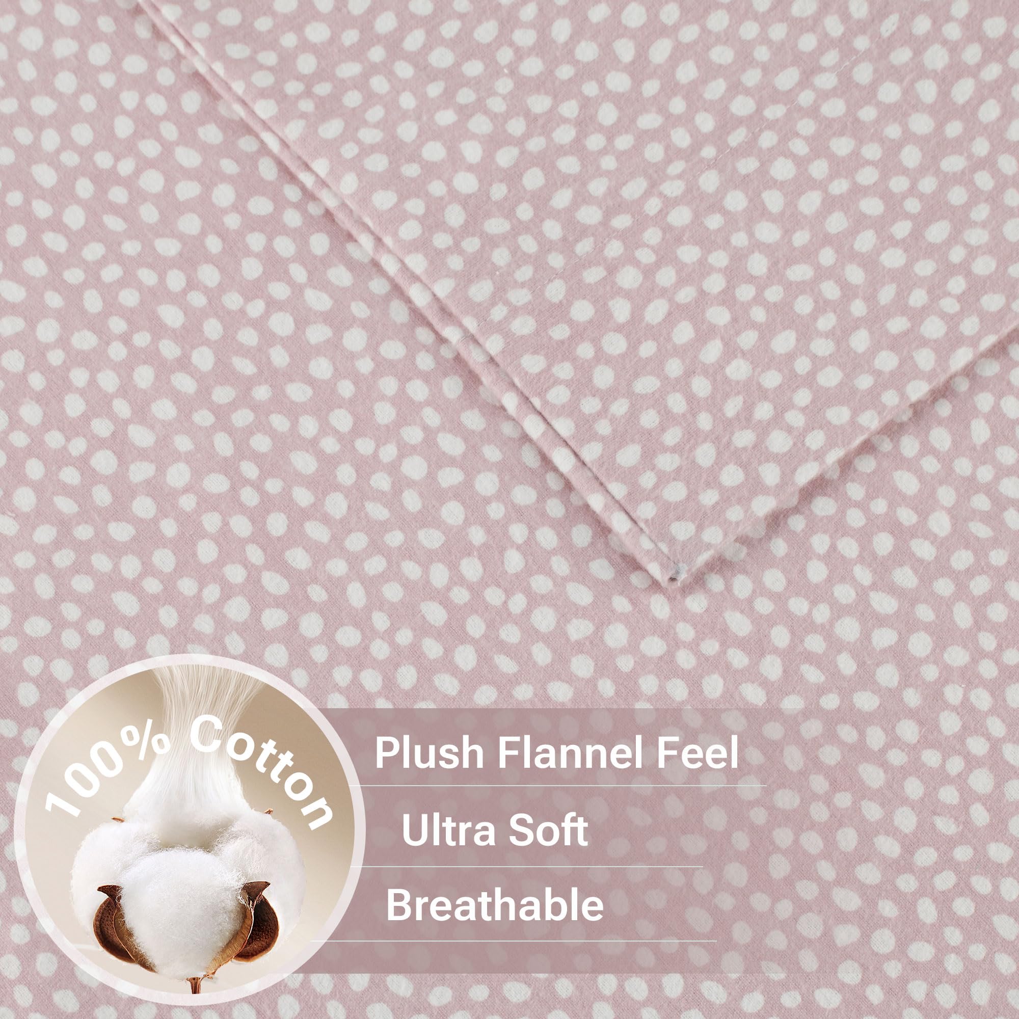 True North by Sleep Philosophy Cozy Flannel Warm 100% Cotton Sheet - Novelty Print Animals Stars Cute Ultra Soft Cold Weather Bedding Set, Queen, Blush Dots 4 Piece