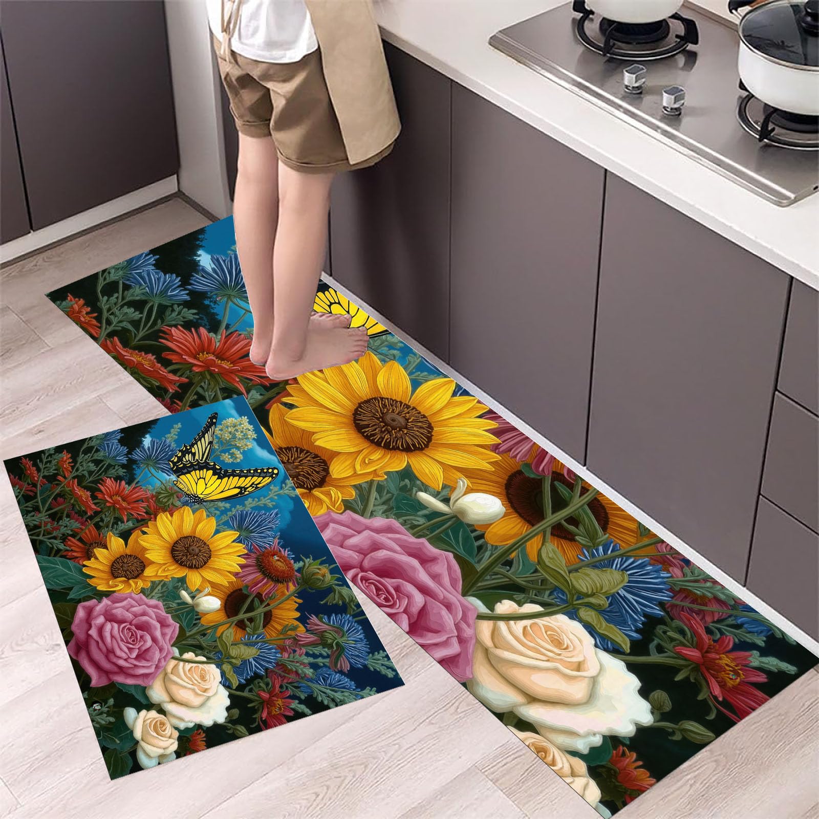 Alfombras de cocina finas estilo antiguo: tapetes de girasoles texturizados de gran durabilidad