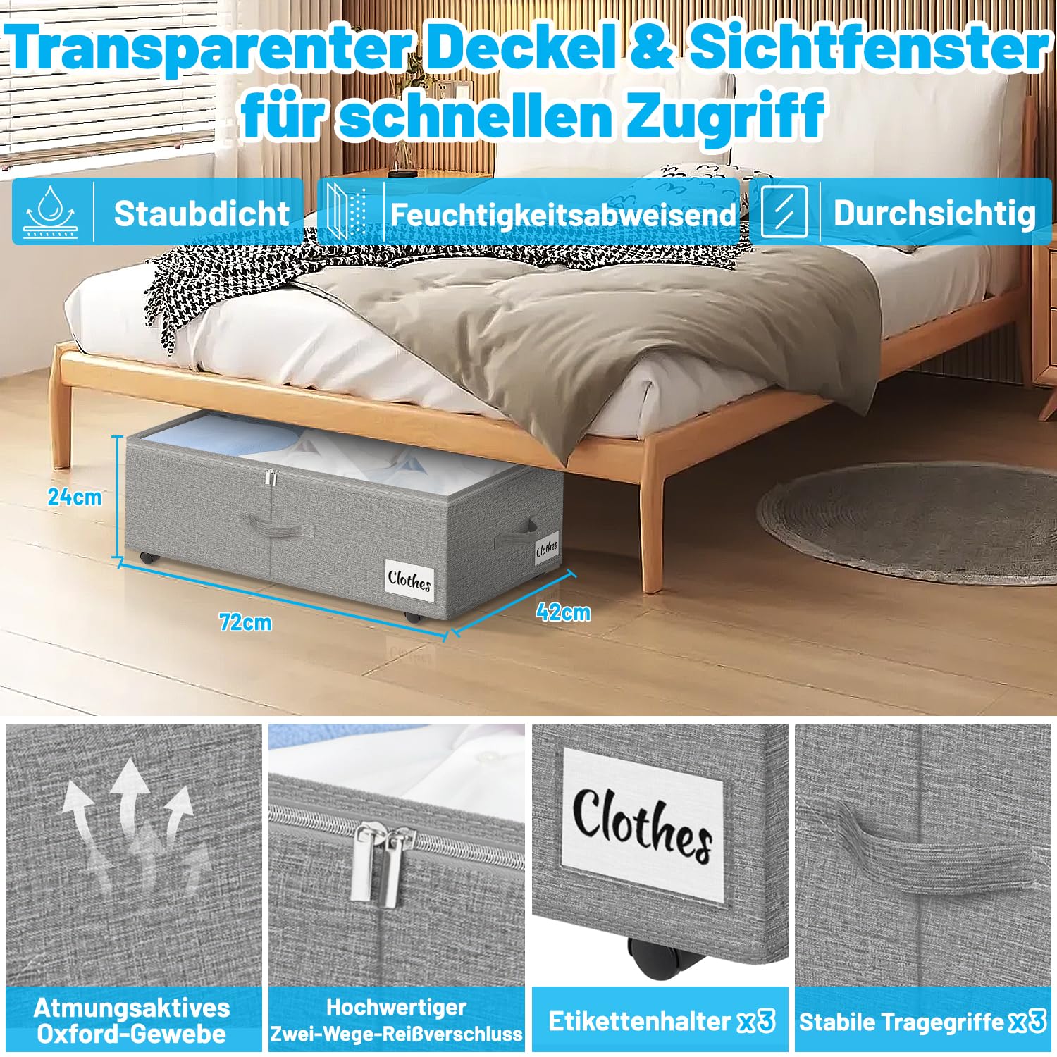 Cassettiera sotto il letto con ruote, rotazione a 360°, 2 pezzi, XXL, 60 l, con coperchio trasparente, montaggio rapido, per coperte, vestiti, scarpe e coperte, grigio