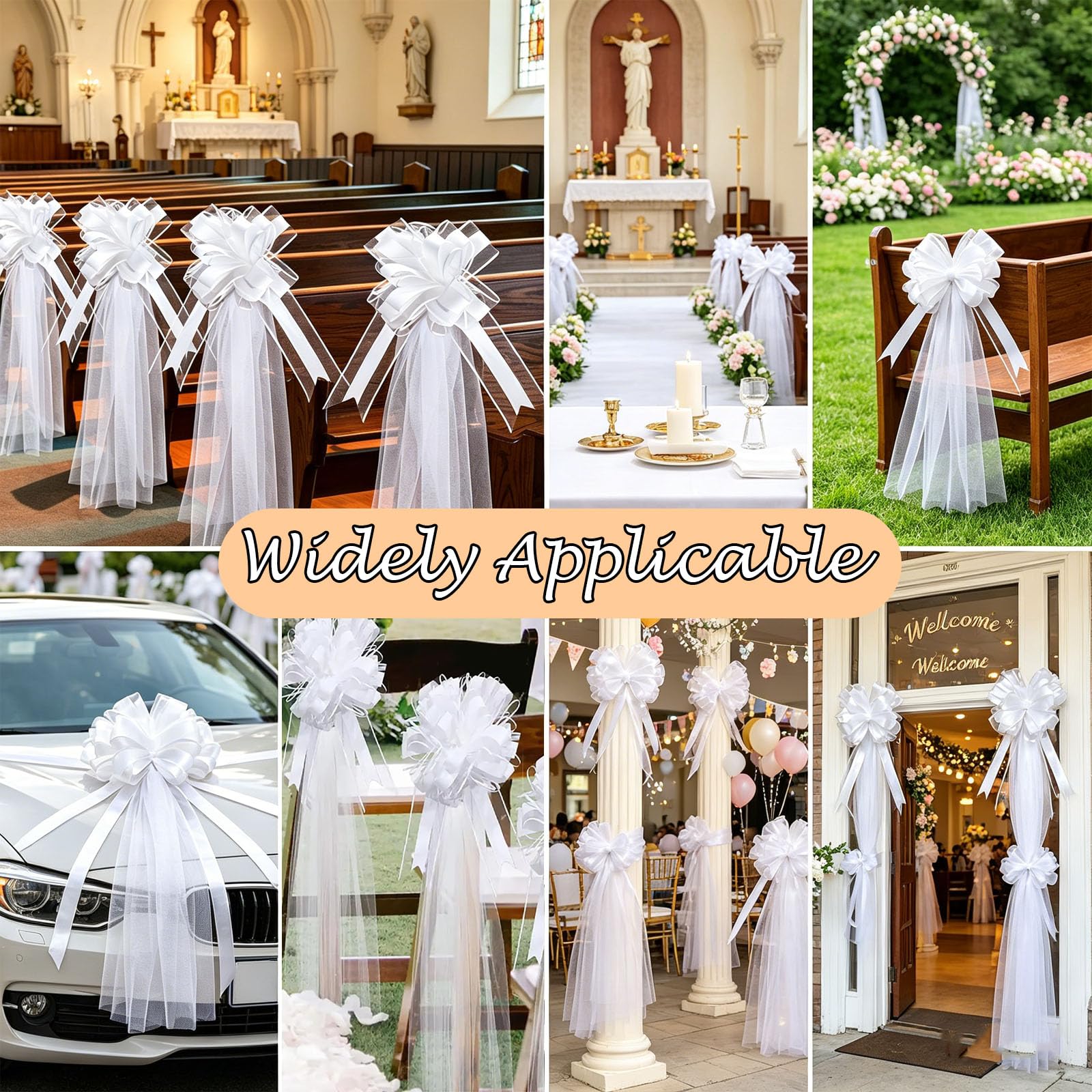 12er-Set Hochzeitsschleifen mit Tüllschwänzen, Autoschleifen Hochzeit Stuhlschleife, Geschenkschleifen Ziehschleifen mit Tüll Dekoschleifen Große Tüllschleifen für Hochzeitsgang Deko Kirche