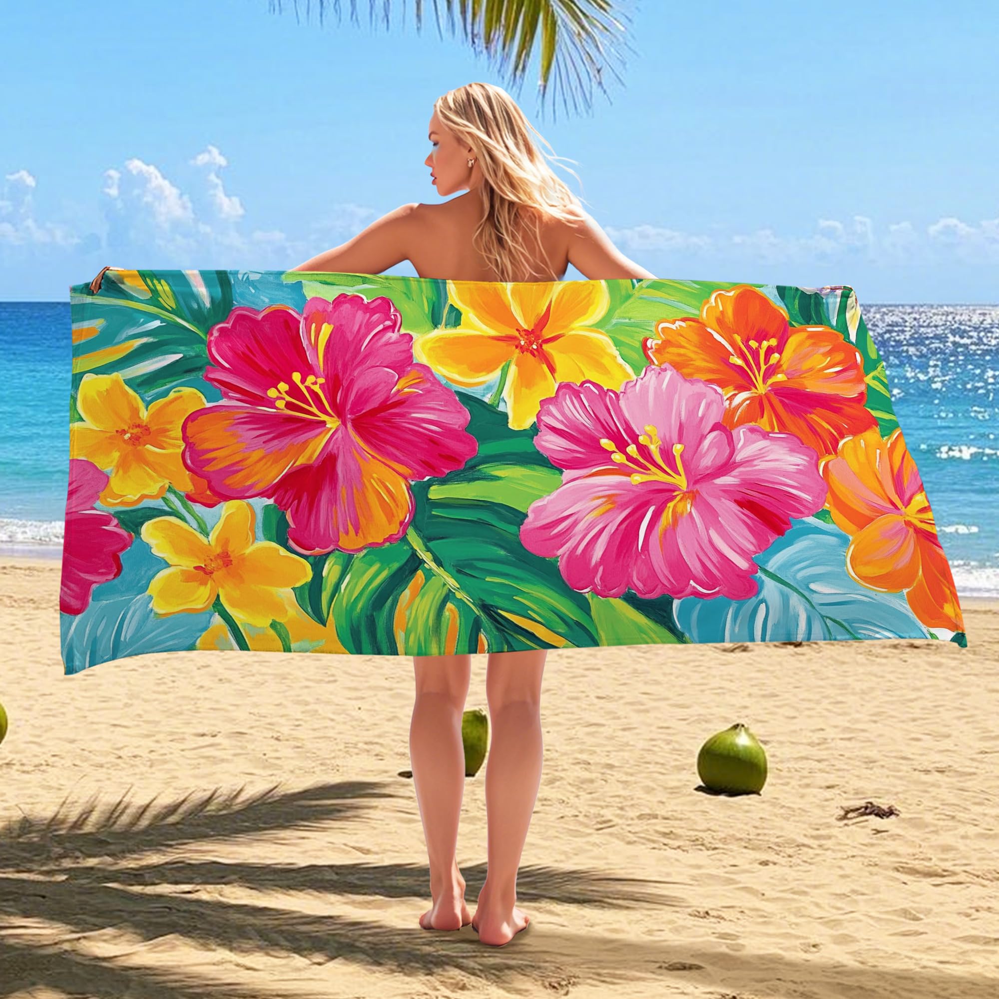 Vibrant Floral Microfiber Beach Towel Extra Large Tropical Hibiscus Flowers Bath Towel, Quick Dry Absorbent Sand Free Lightweight Beach Blanket, Vacation Pool Gym Outdoor Travel Essentials 62x31 Inch
