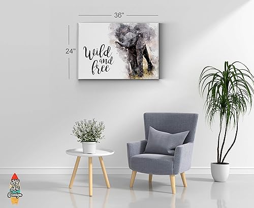 Miniatura 4 de Lienzo impreso con texto en inglés Cute Baby Elephant Wild and Free Quote - Pintura de acuarela con fondo blanco, arte de pared de animales,