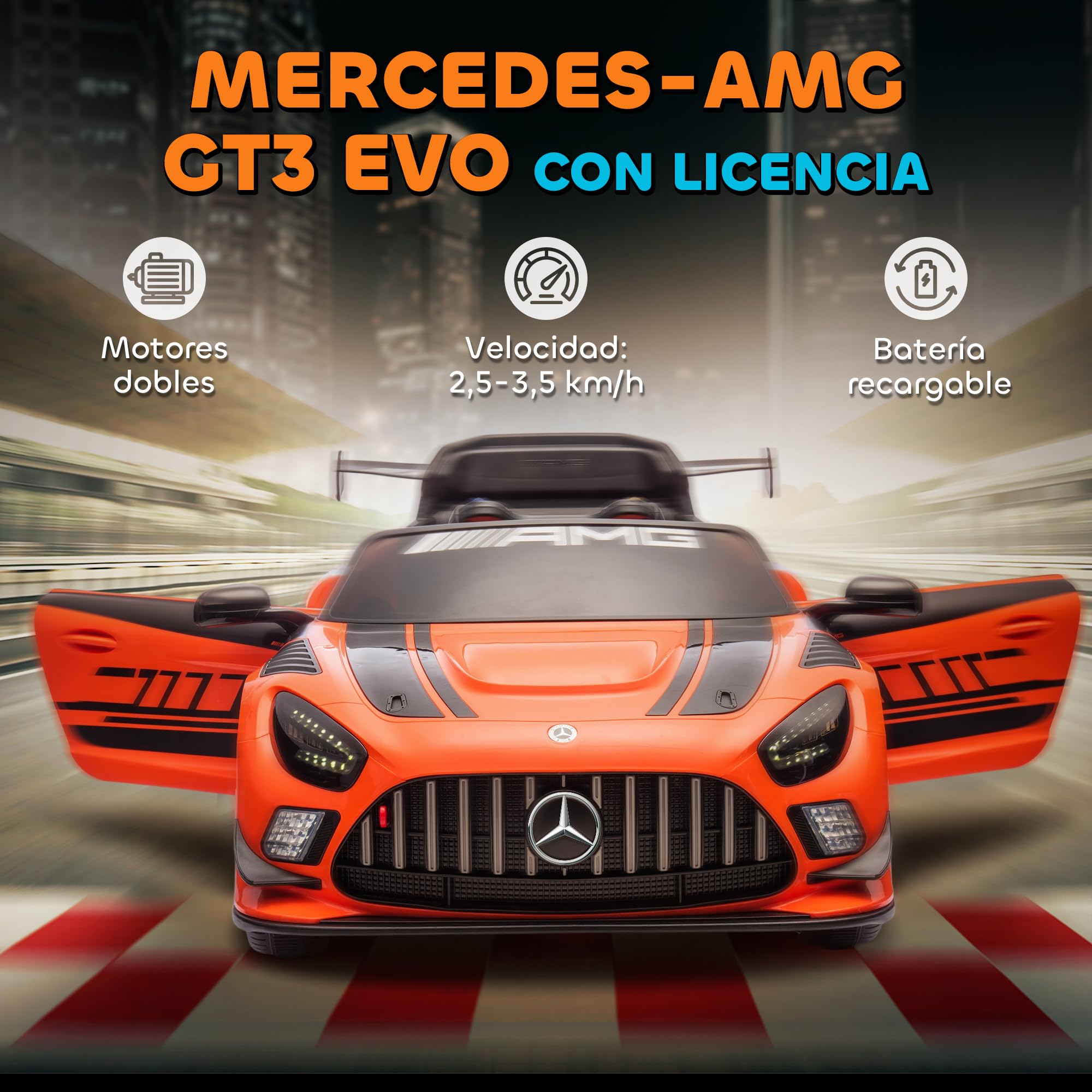 AIYAPLAY Coche Eléctrico para Niños Mercedes-AMG GT3 EVO 12V Faros Naranja | Mando a Distancia 2,4 G, Motor Doble, Ruedas Auxiliares, Asa de Arrastre, Música Inalámbrica