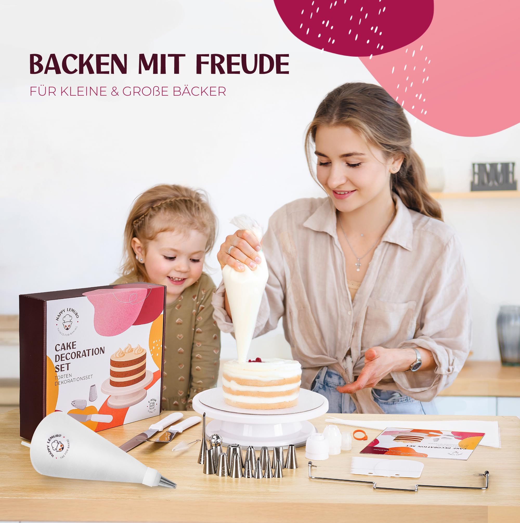 Torten Zubehör Set mit Premium-Spritztüllen & Spritzbeutel | Tortenring, drehbare Tortenplatte, Tortenschneider & vielseitiges Backzubehör – Kuchen Zubehör Set für Teenager & Erwachsene