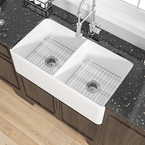 ﻿Miuara Farmhouse Sink Double Bowl 33 Inch - White Apron Front Kitchen Sink Reversible 33"x18"x10", Undermount Installation, Farm House﻿ Style Dual Basin 50/50, Heavy Duty Solid Fireclay, for Kitchen