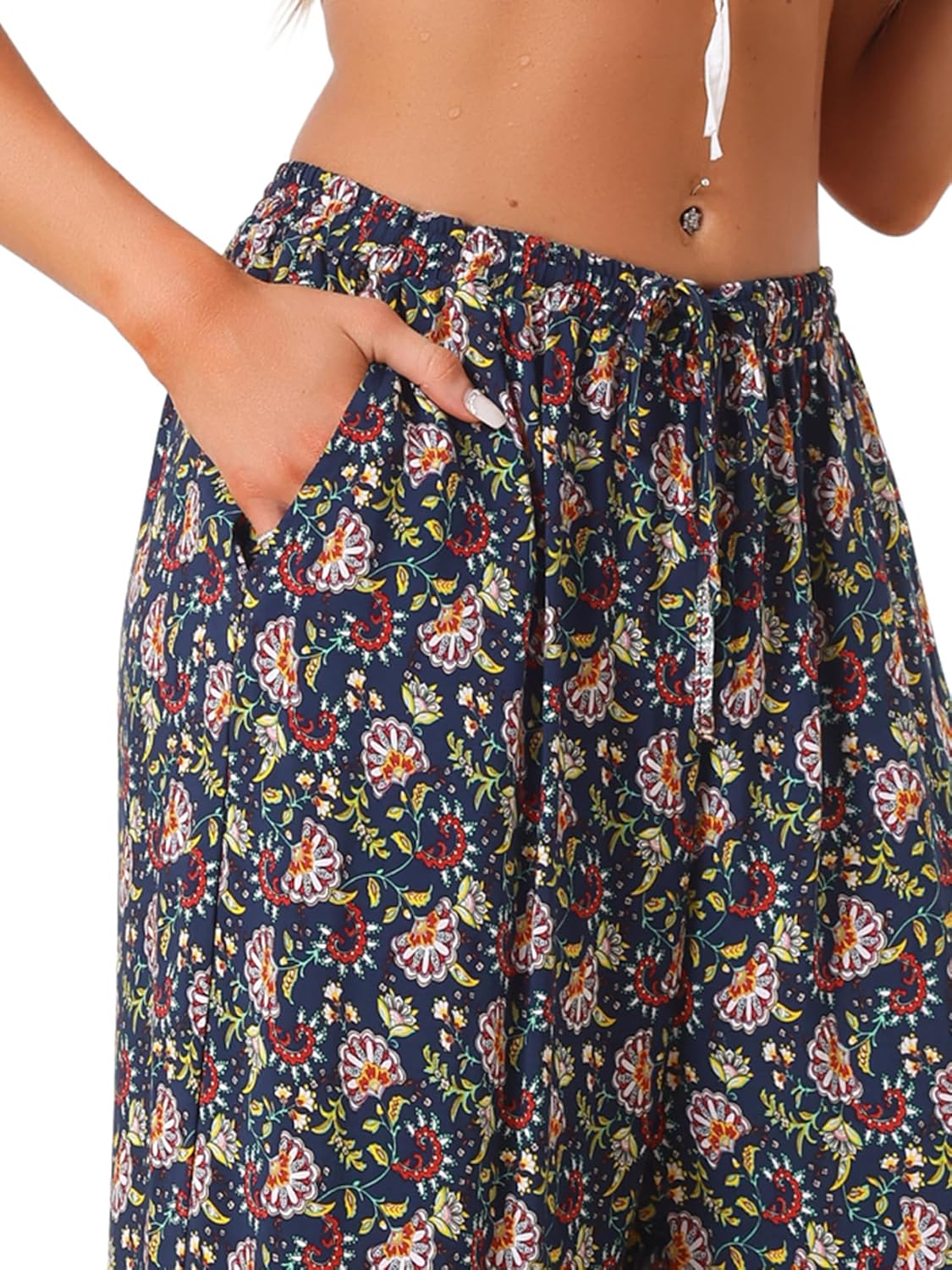Allegra K Boho Floral Pants for Women's Drawstring Waist Beach Wide Leg Pants with Pockets - Image 5