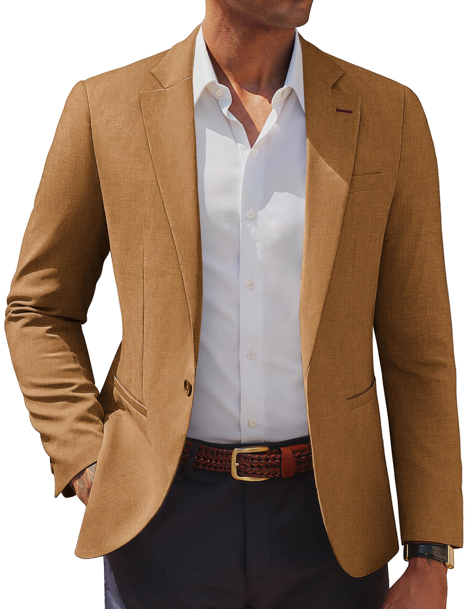 Photo 1 of PJ PAUL JONES Men Formal Blazer Lightweight Sport Coat One Button Suit Jackets Western Dress Suit Coffee Brown