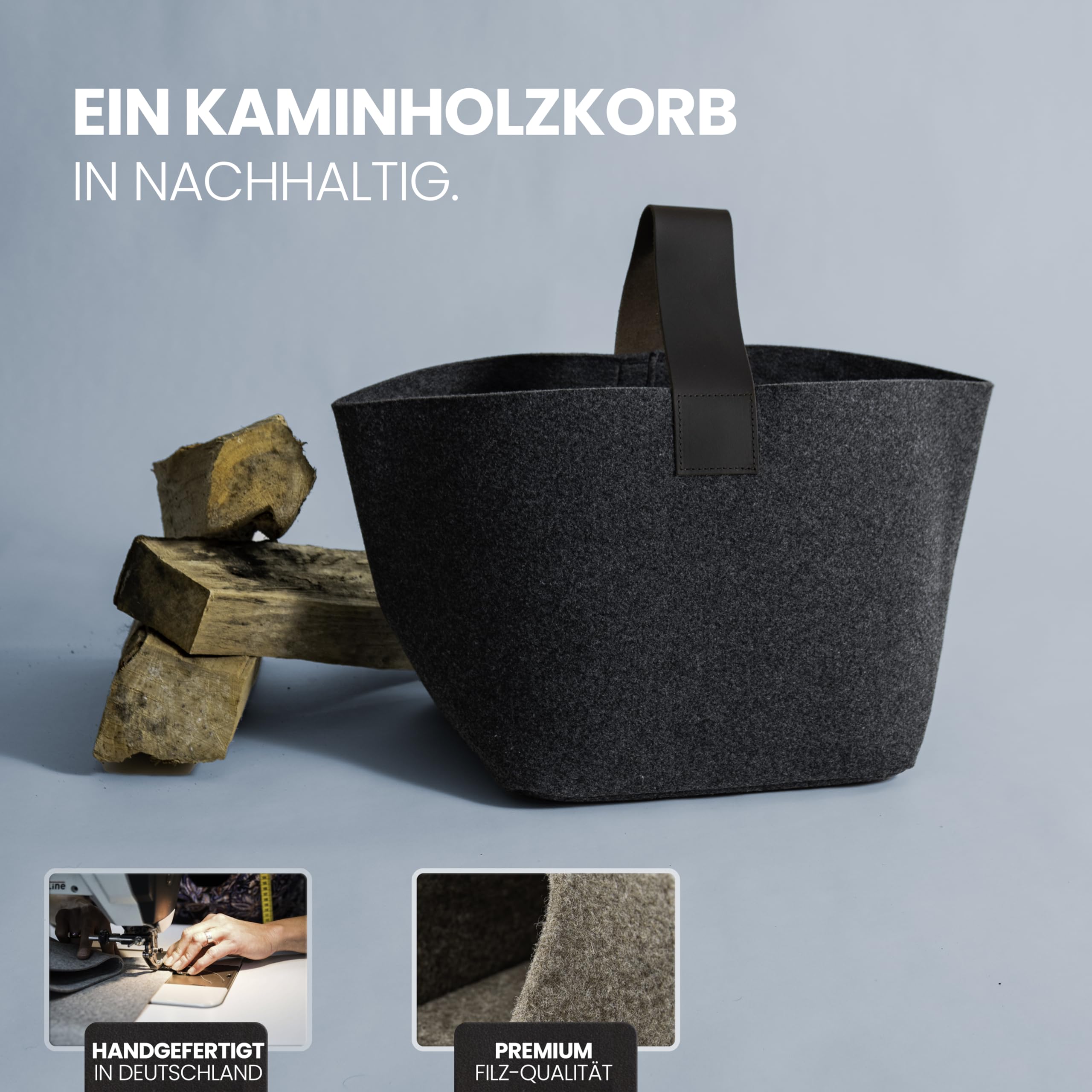 Cesta de fieltro para leña, 30 l, fabricada en Alemania, fieltro rPET con mango de piel auténtica, color antracita