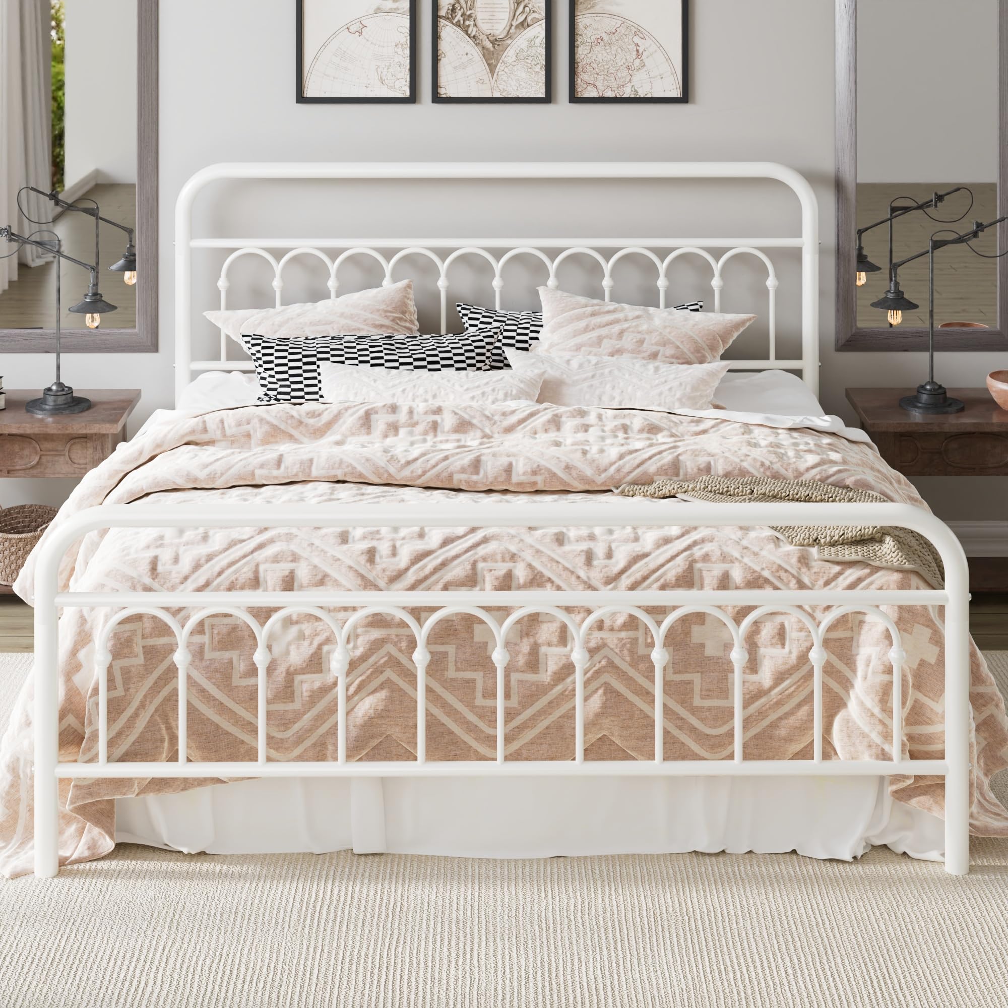 Allewie 14 Inches King Size Metal Platform Bed Frame with Victorian Style Curved Iron-Art Headboard Footboard Metal Slats
