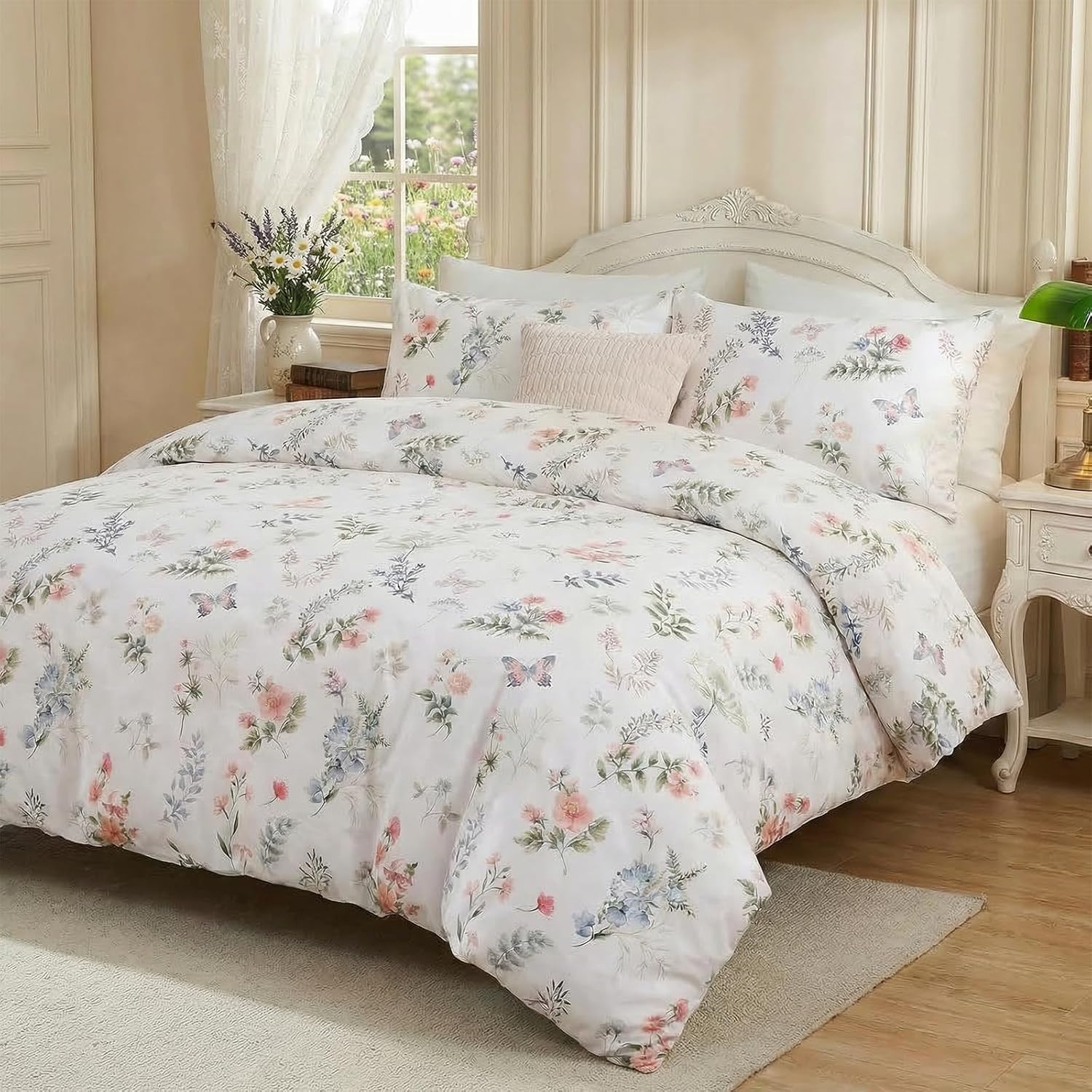 Floral Queen Duvet Cover, 100% Cotton 3 Pieces Floral Bedding Sets with Zipper Closure Vintage Style Garden Comforter Cover, Soft Breathable, Lightweight image 4