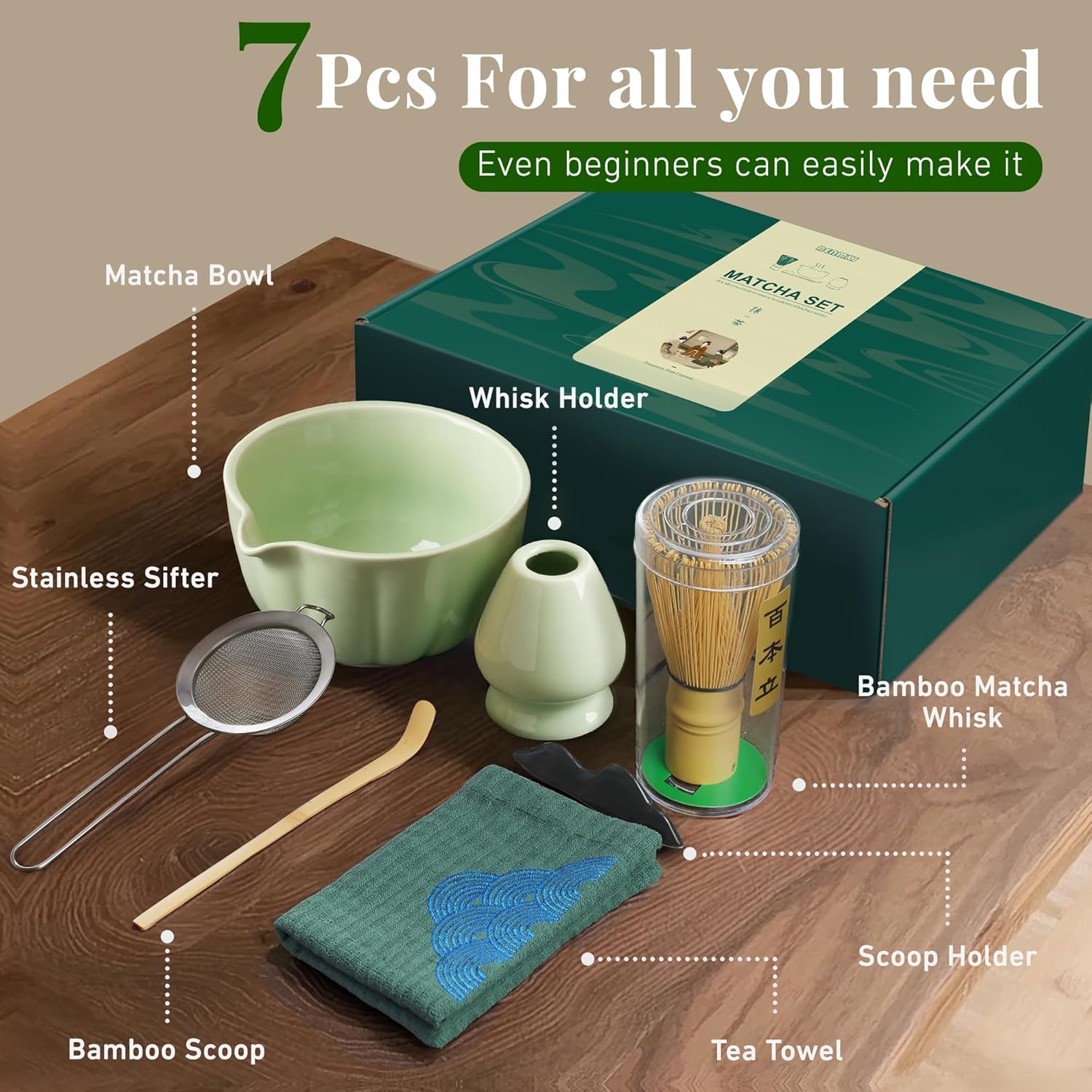 Matcha Whisk Set,7 PCS Ceramic Matcha Kit Includes Matcha Bowl with Spout, Matcha Whisk and Holder, Bamboo Scoop, Stainless Sifter, Tea Towel, Unique Gift for Matcha Lovers (Green) - Image 2