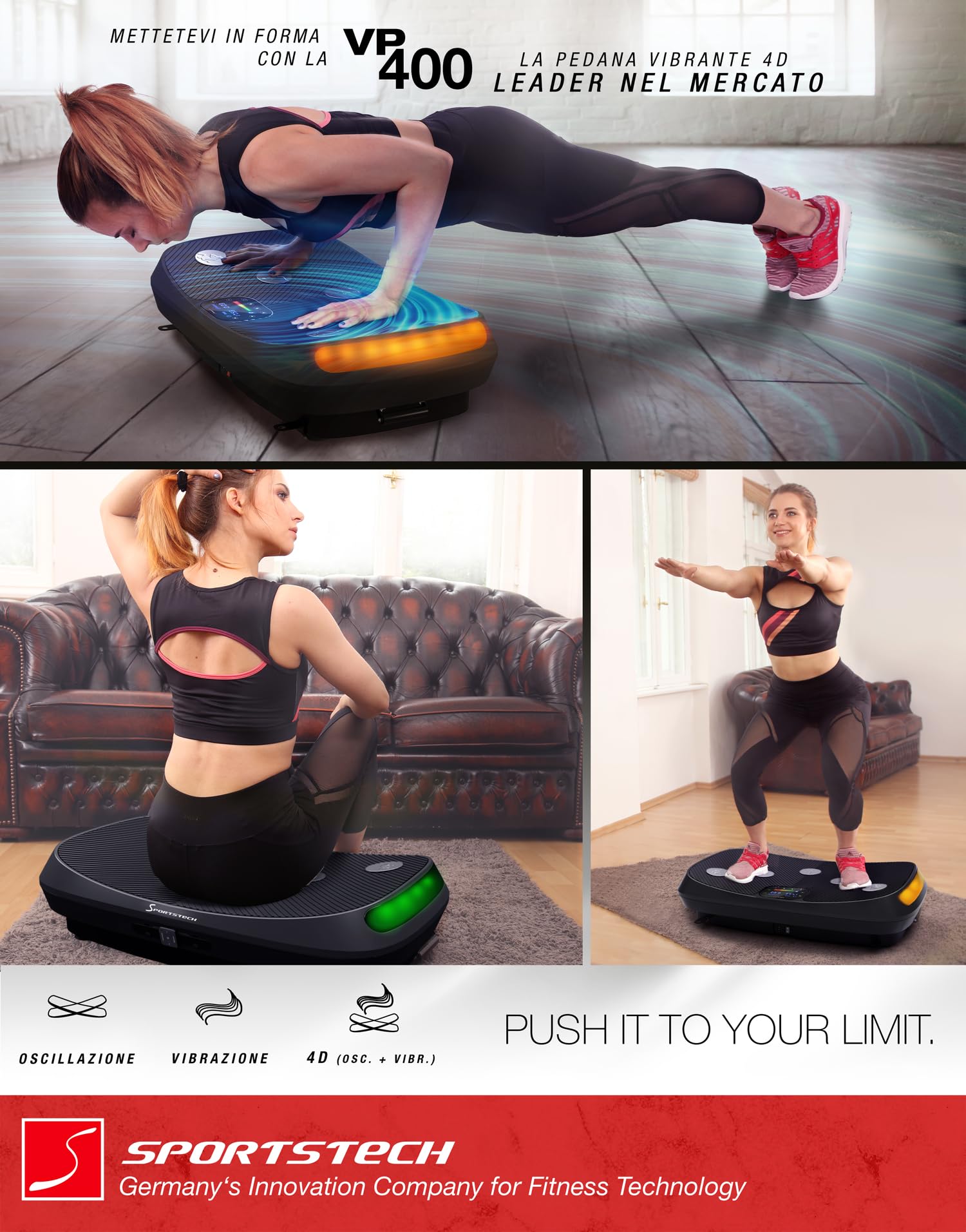Sportstech - VP400 4D Pedana Vibrante, Curvo Pedana Vibrante Fitness con Tecnologia Smart LED, Compatto Attrezzi Fitness con Orologio Remoto, Fasce di Resistenza e Pavimento Tappetino da Palestra