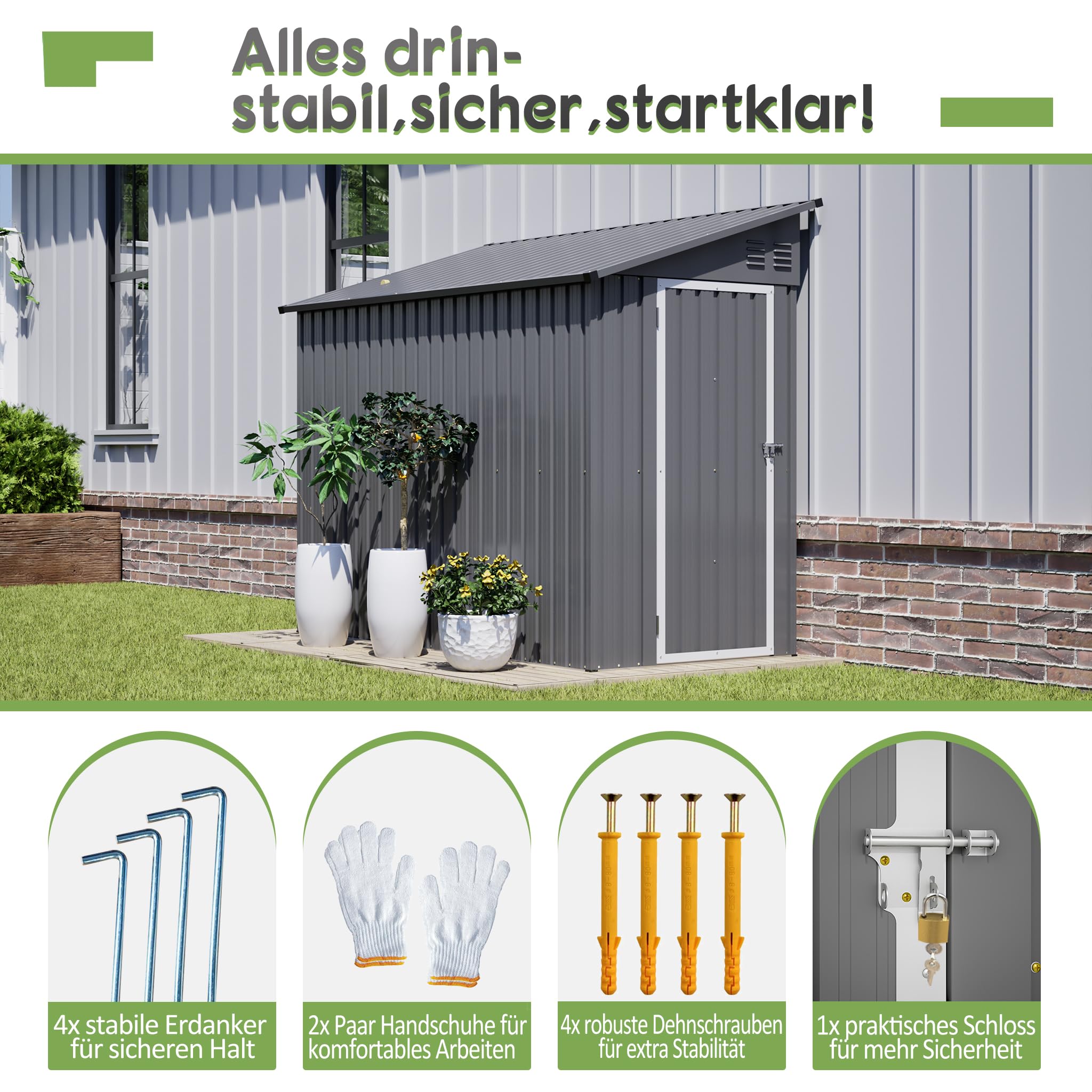 Mrwoo Metall-Gartenschuppen 242 x 124 x 192 cm, Anbau-Schuppen mit abschließbarer Tür und 2 Lüftungsöffnungen, Fahrradgarage mit Pultdach, Werkzeugaufbewahrung für Hinterhof & Terrasse, Grau