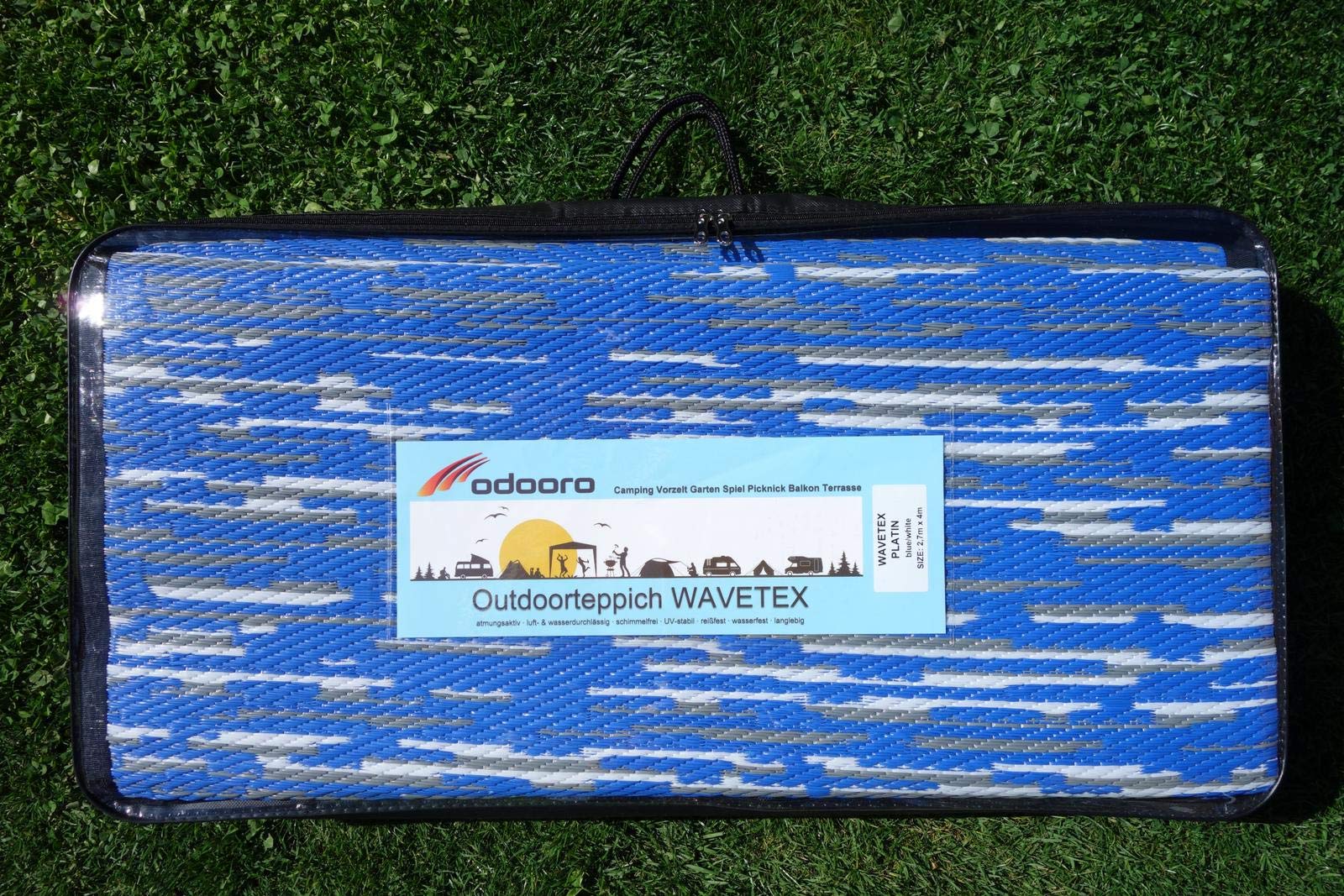 Outdoor Teppich WAVETEX Platin 2,7m x 4m blau-weiß *** VIELE GRÖSSEN + Farben * 450 g/m² Camping Zeltteppich Vorzelt Garten Spieldecke Wohnwagen Camper