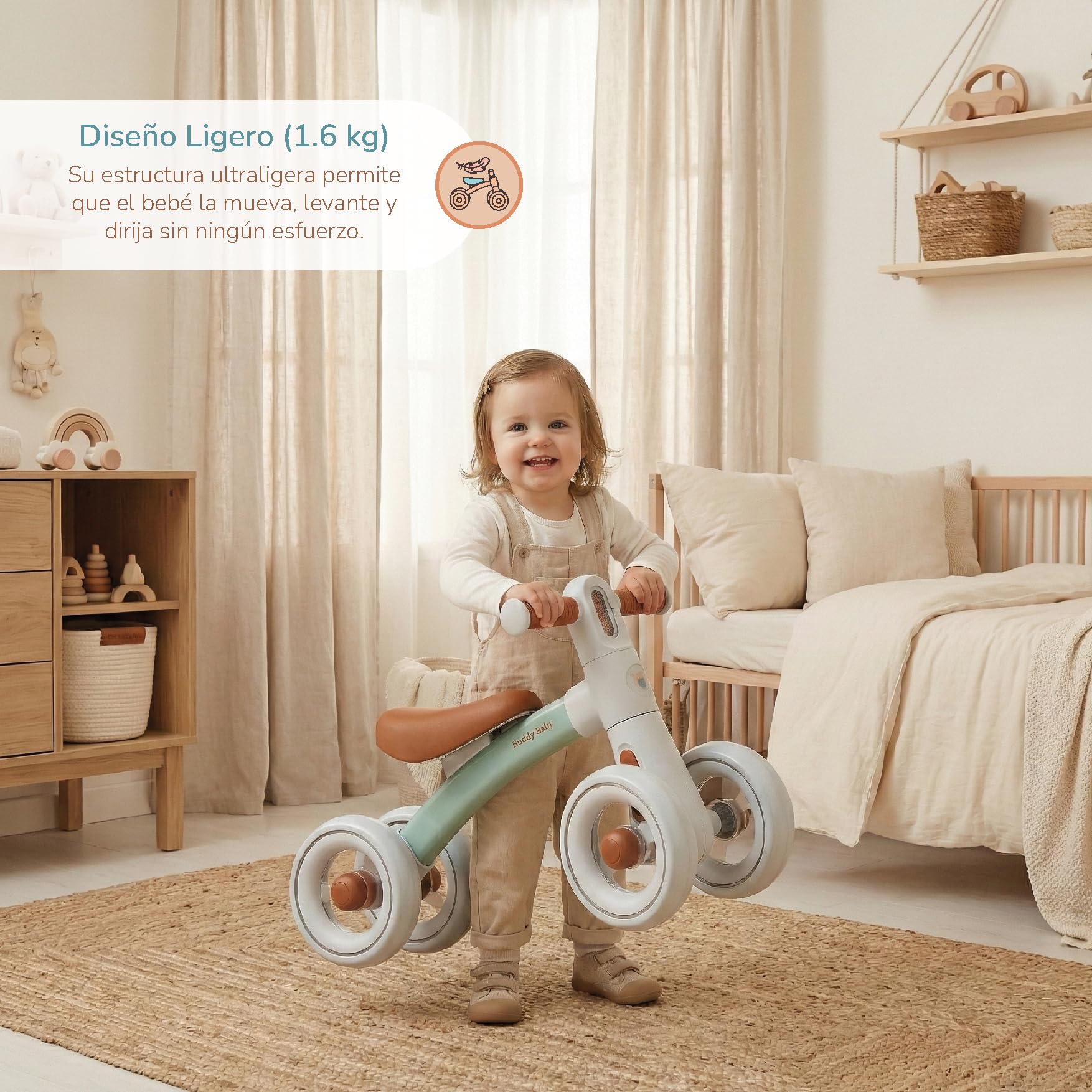Buddy Baby - Bicicleta sin Pedales XRIDER - Desde 12 Meses - Ultraligera (Solo 1,5 kg) - Ruedas EVA silenciosas - Giro Manillar Seguro 135° - Herramientas Incluidas - Luz integrada con 3 Modos