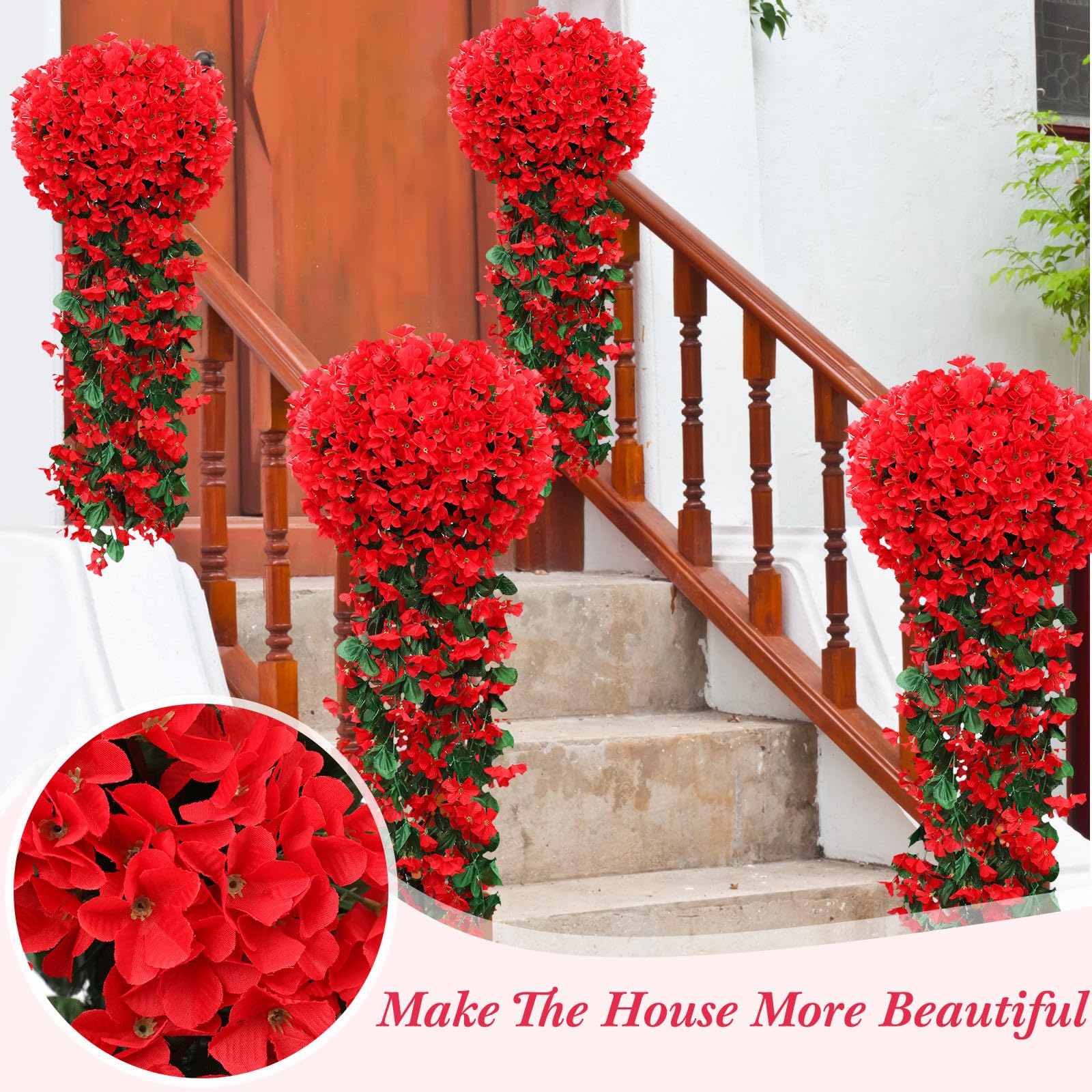Paquete de 10 flores artificiales colgantes de hiedra violeta, plantas colgantes falsas para pared, hogar, patio, habitación, jardín, boda, interior y exterior, decoración de otoño (rojo)