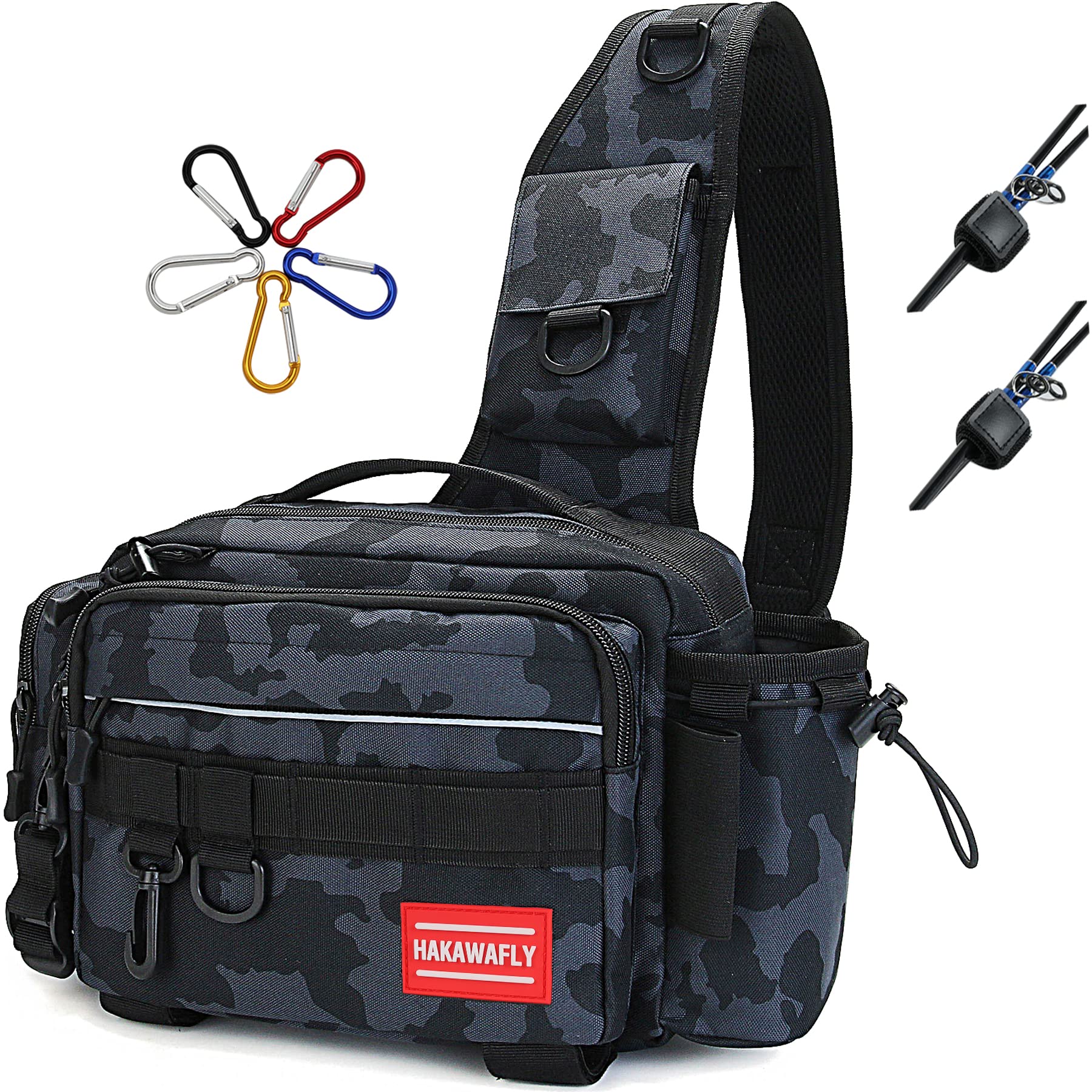HAKAWAFLY 5-Way Fishing Bag with 2 Rod Belts and 5 Carabiners, Fishing Bag, Waterproof, Tackle Bag, Multi-functional, Large Capacity, Langan Bag (Black, Khaki Camouflage, Navy Camouflage) blue camouflage