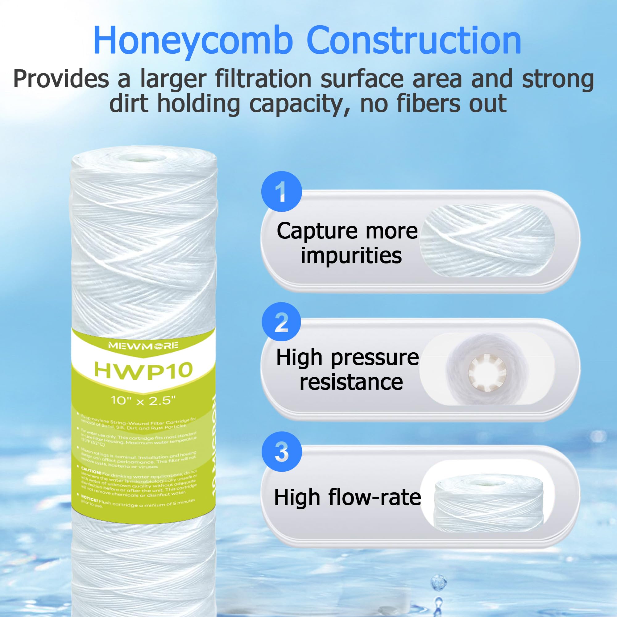 Cartuccia filtrante per acqua da 10 micron, filtri per sedimenti a filo avvolto per acqua di pozzo, ricambio universale per qualsiasi unità RO da 25,4 cm, cartucce da 25,4 x 6,3 cm, confezione