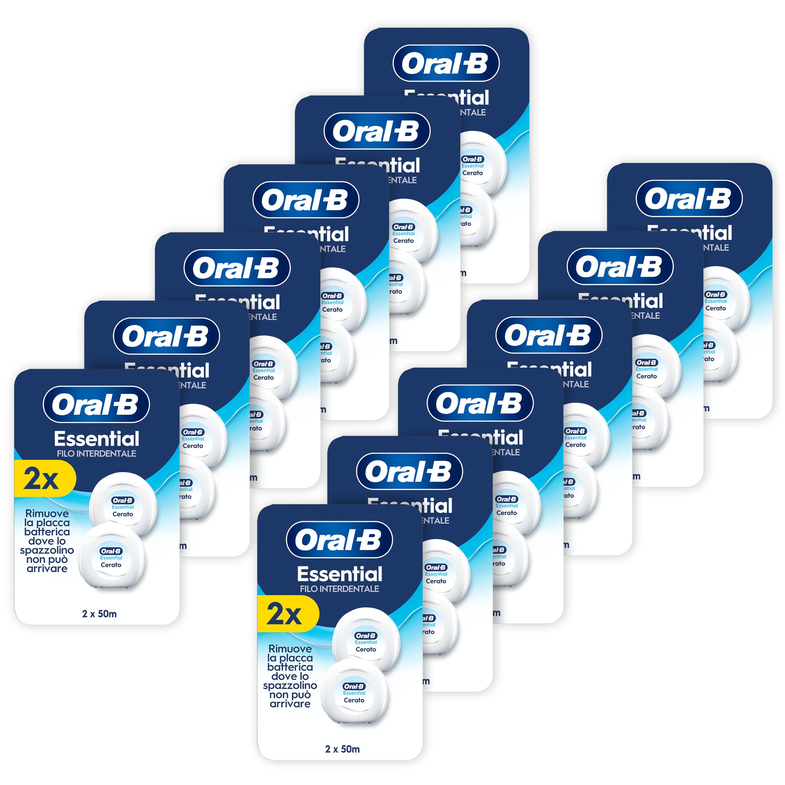 Oral-B Filo Interdentale Cerato, Essential Floss, Neutro 12x2x50m | Filo Interdentale Essential Floss - Rimuove la Placca - Cerato - Sapore Neutro 50m