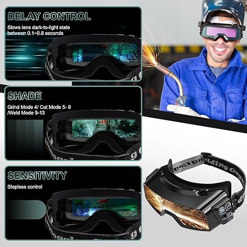 Miniatura 6 de Gafas de soldadura con oscurecimiento automático, área de visión de 4.82 x 1.38 pulgadas, gafas de soldadura para hombres, ensamblables, ajustables,