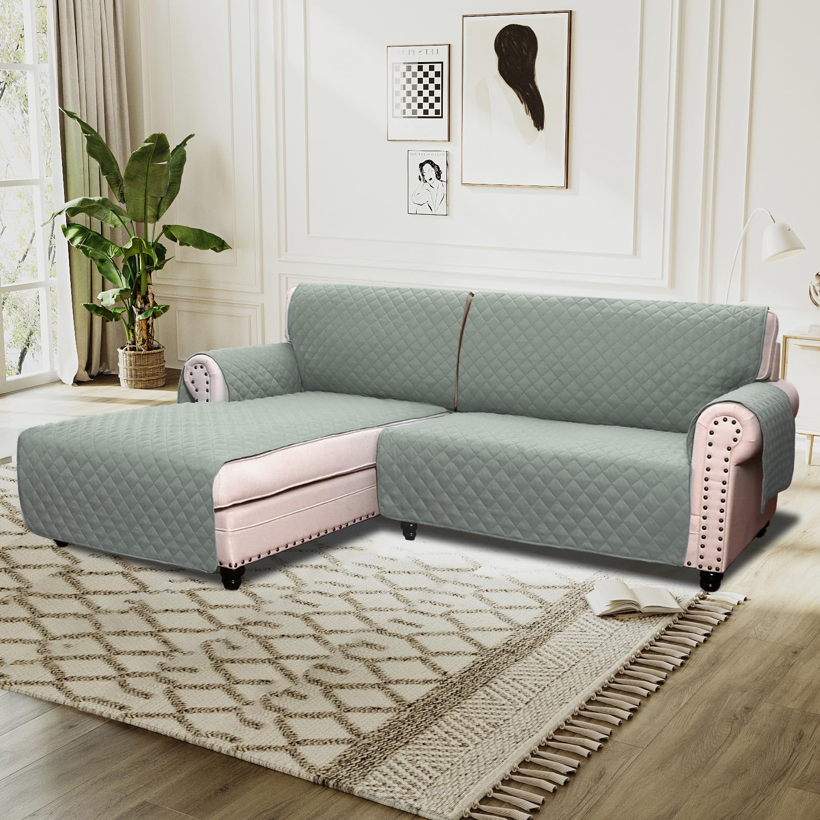 BellaHills Sofa Cover L Shape 2 Piece Couch Cover for Sectional Sofa Non Slip Corner Sofa Cover Water Resistant Chaise Sofa Cover for Dogs (Left Chaise Lounge + 2 Seater, Lily Pad) โ image 1