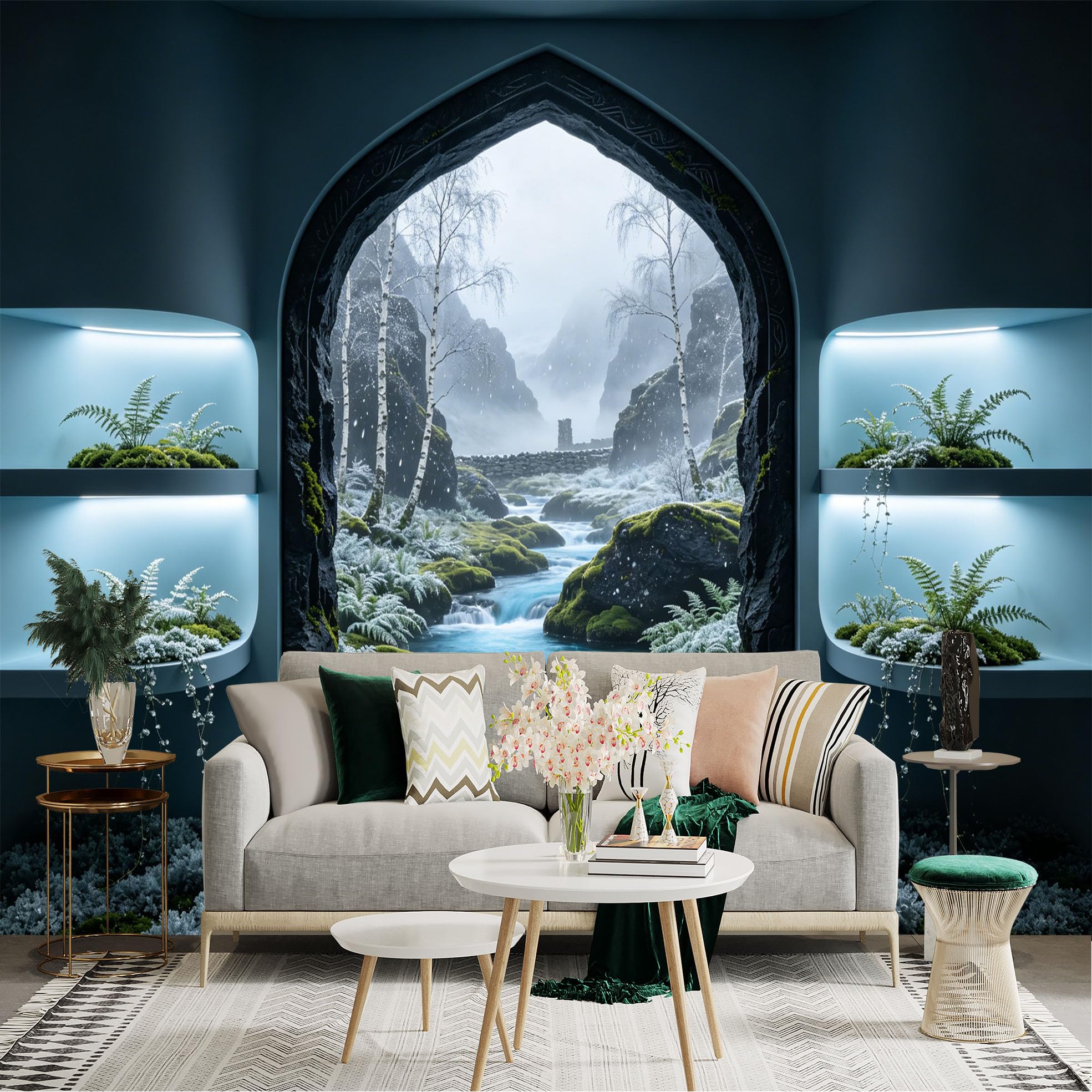 Custom Size Wall Sticker Mural， Fantasy Frost Forest with Waterfall Stream and Mountain Valley， for wall Decoration， peelandstick wall Decals.