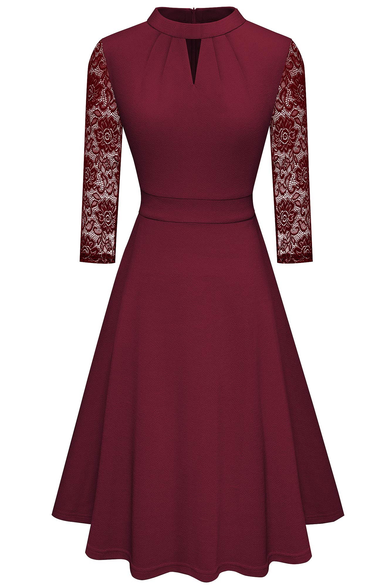 HOMEYEE Vestido de cóctel Plisado con Manga de Encaje Ahuecado para Mujer A234