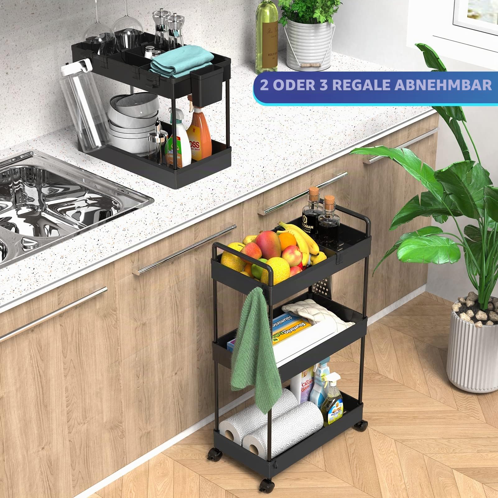 Ronlap Rollwagen Küchewagen mit 3 Ebenen, Servierwagen mit Aufhängebecher, Separator, Haken, Regal auf Rollen für Küche, Schlafzimmer, Büro, Schwarz