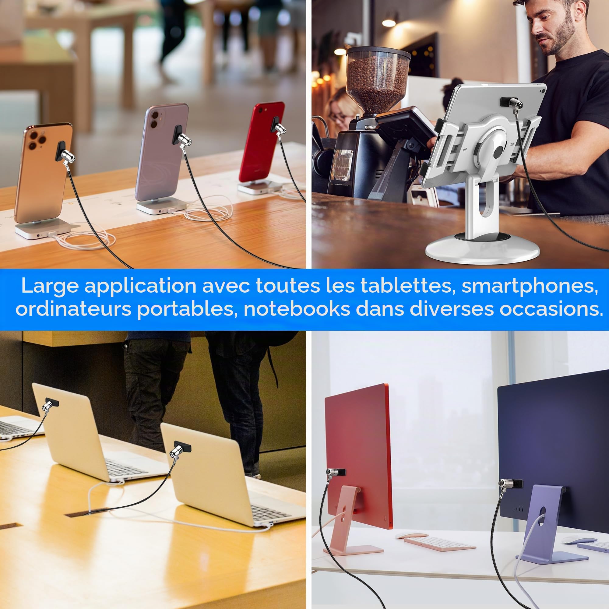AboveTEK Câble Antivol PC Portable Câble de Sécurité, Kit de Serrure de Sécurité en Acier avec 2 Clés pour Ordinateur Portable Tablette iPad Smartphone Mac iphone Moto Bureau