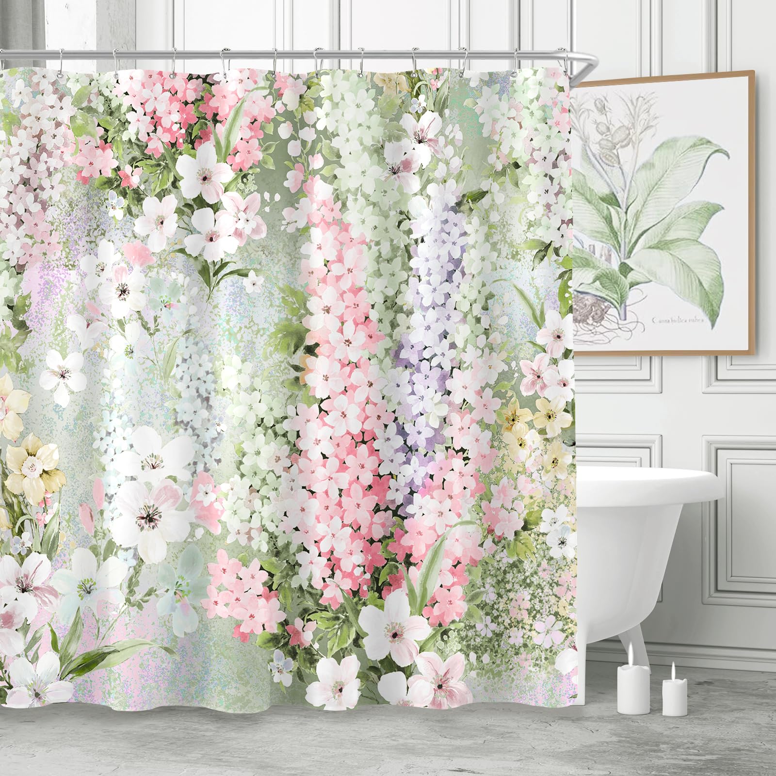 BayNook Sage Green Floral Shower Curtain, Colorful Flower Fabric Shower Curtains for Bathroom, Pretty Funky Watercolor Cloth Shower Curtain Set Cute