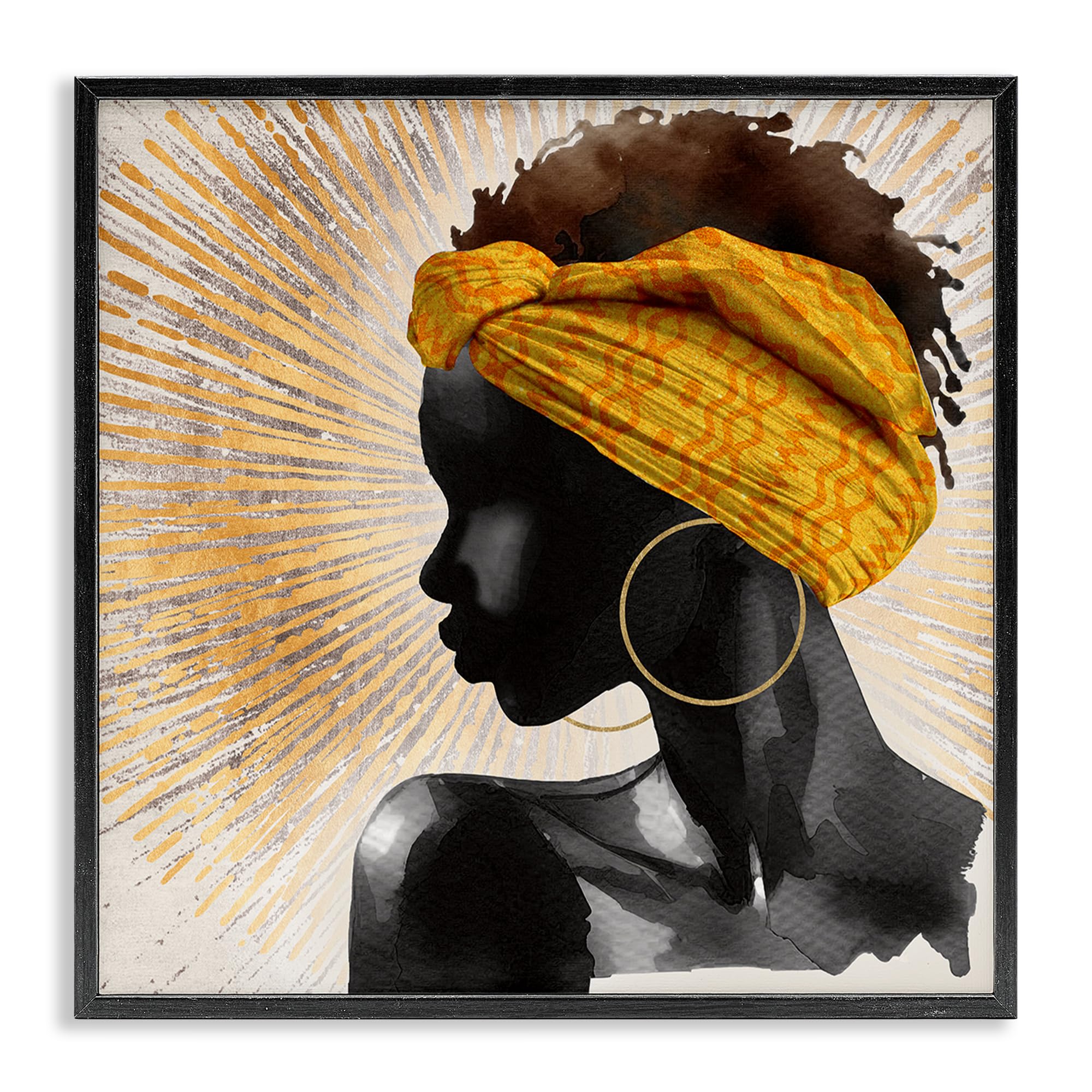 Stupell Industries Midnight Black (Textured) Golden Sunburst Profile Headwrap, 24 X 24 Inch Framed Giclée Print