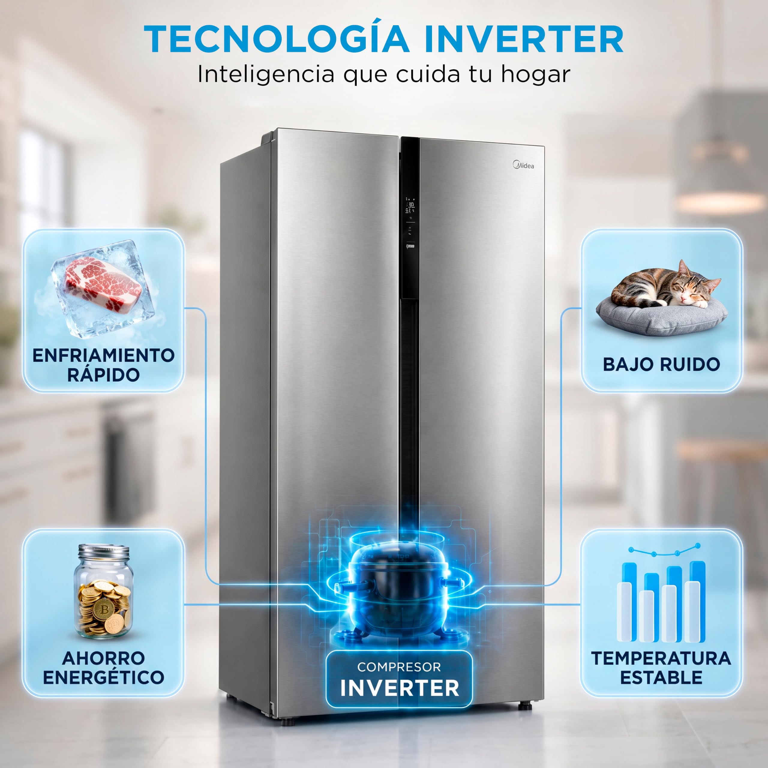 MIDEA Frigorifico Americano No Frost, 548L, 176 x 89,7 cm, Motor inverter | Nevera Americana con Congelador, Silencioso 35 db,Panel táctil, Multi air flow, Bajo consumo, Frigorifico combinado 3 modos