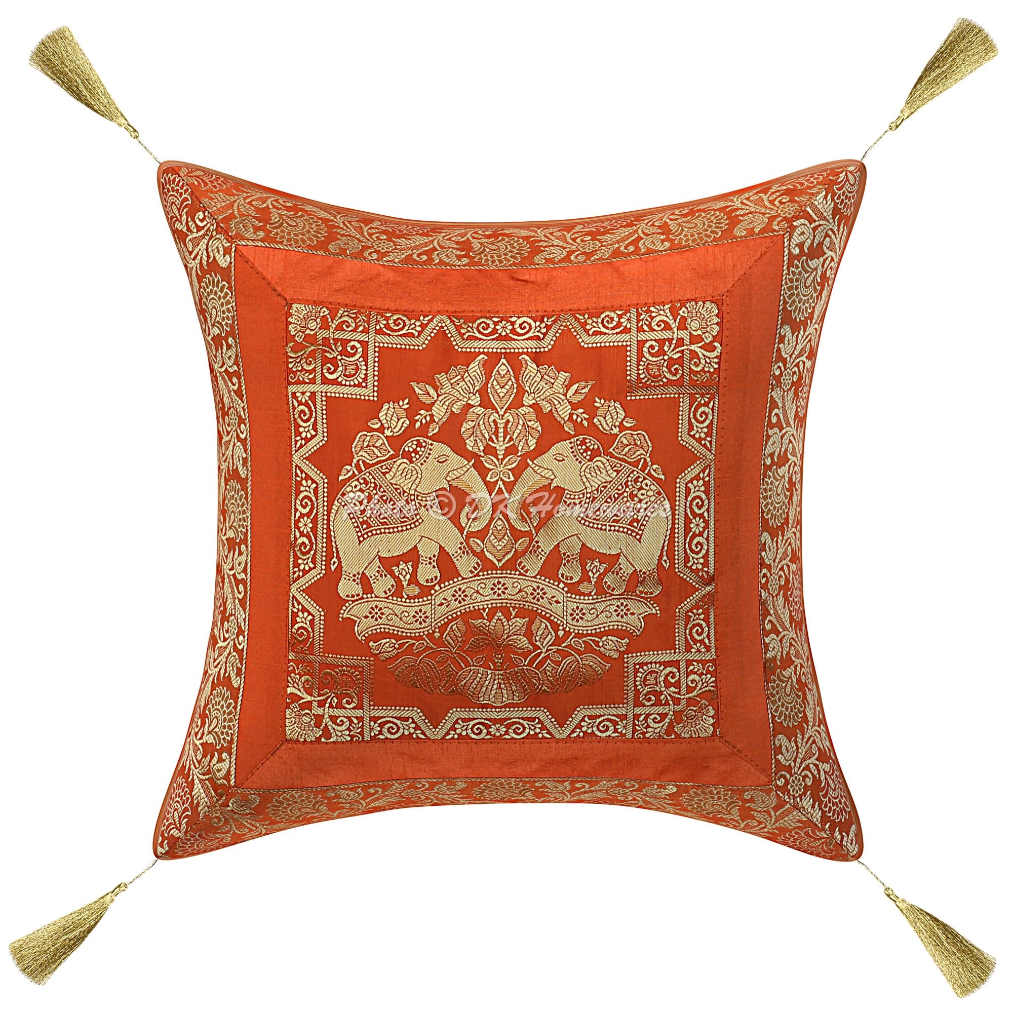 DK Homewares Indian Couch Scatter Pillowcase Orange 45cm x 45cm Jacquard Weave Brocade Boho Square Bedroom 18x18 Inches Ethnic Sofa Cushion Cover - 1 Piece