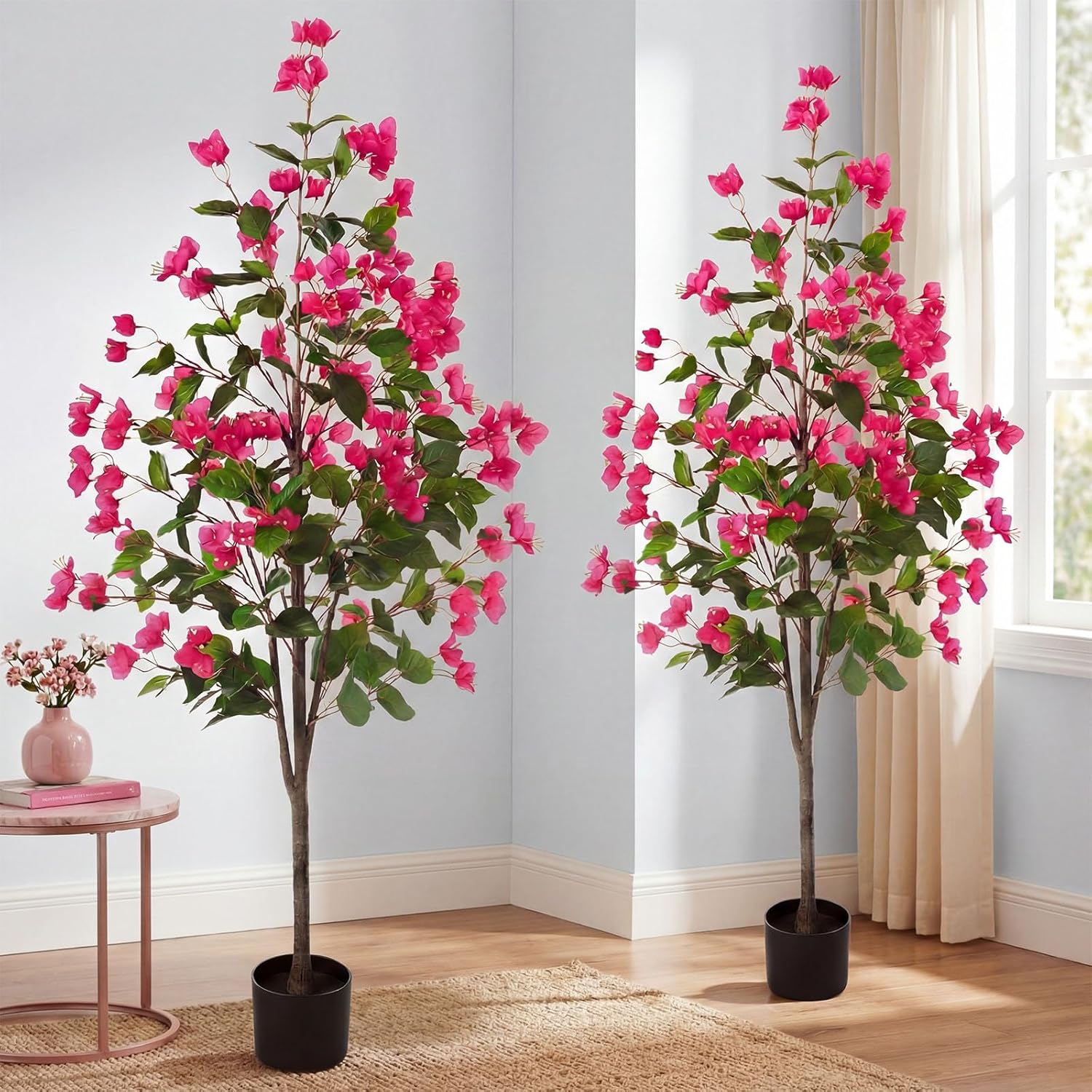 2 Pcs 5 FT Artificial Bougainvillea Trees Fake Bougainvillea Flowers Tree in Pot Tall Lifelike Faux Blooming Tree Large Fake Plants for Outdoor Indoor Office Home Garden Decor (Rose Red)