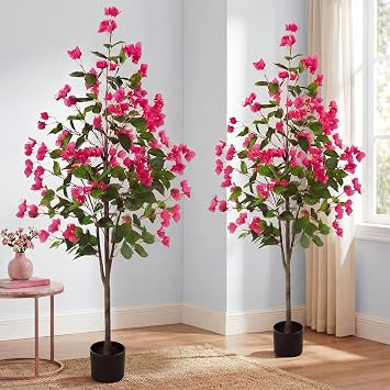 Daifunli 2 Pcs 5 FT Artificial Bougainvillea Trees Fake Bougainvillea Flowers Tree in Pot Tall Lifelike Faux Blooming Tree Large Fake Plants for Outdoor Indoor Office Home Garden Decor Rose Red