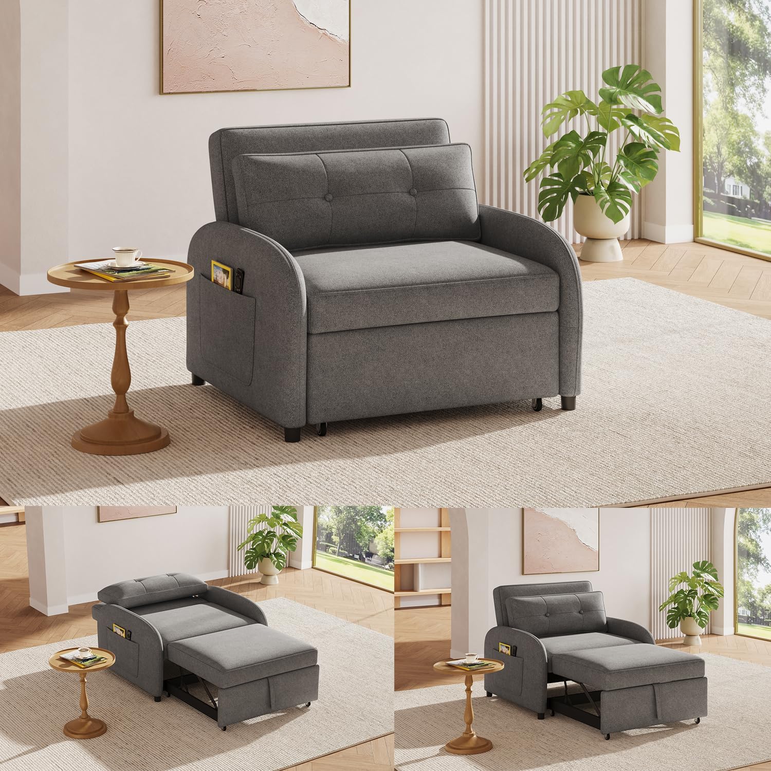 Convertible Sofa Bed, 3-in-1 Futon Sofa Bed , 40.55" Loveseat Sleeper Couch with Pull Out Bed, Sofa Cama with Side Pockets and Adjustable Backrest for Living Room, Bedroom, Study, Apartment (Grey)