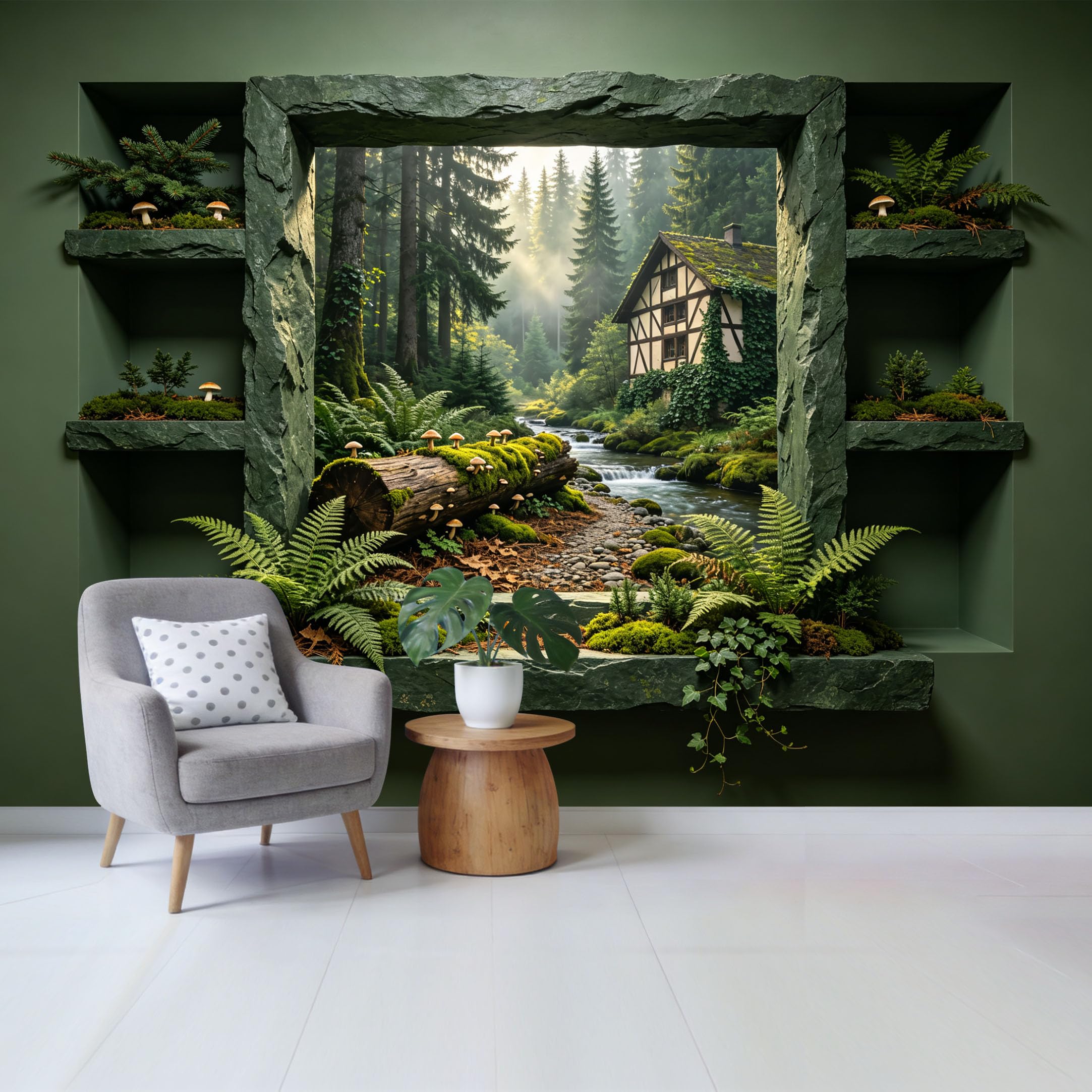 Custom Size Wall Mural Forest Landscape Cottage River View Botanical 3D Trompe L'Oeil Removable Self Adhesive Fabric Home Wall Decor for Living Room Bedroom Bathroom
