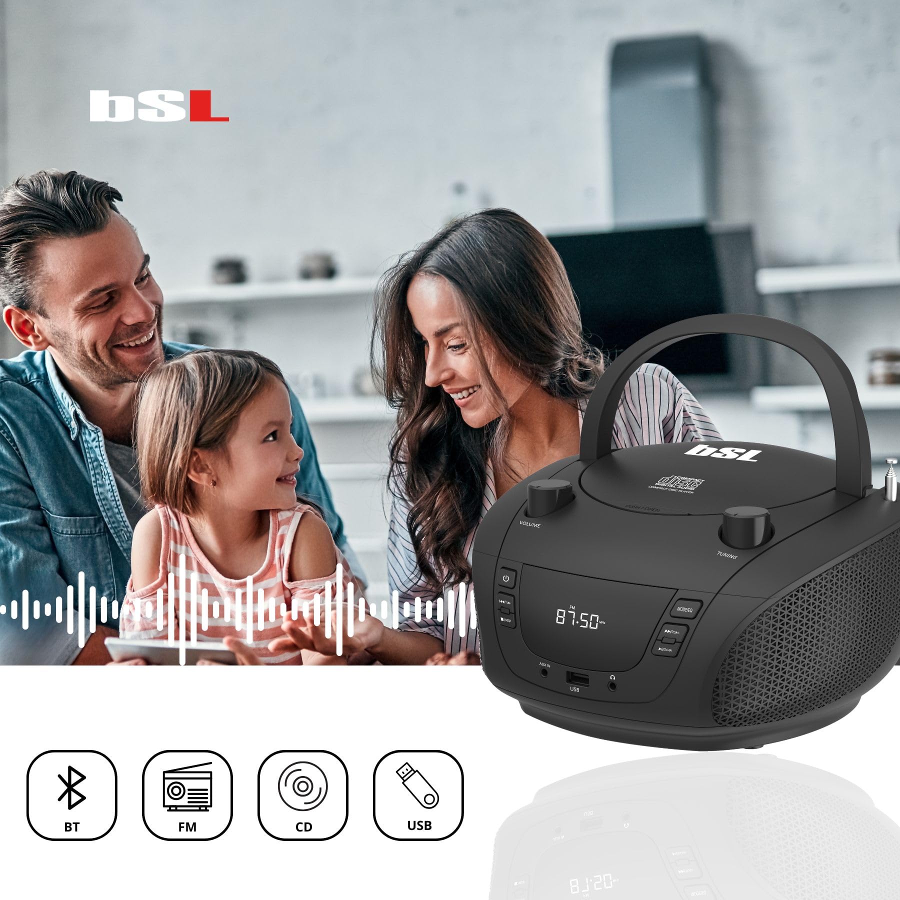 Boombox Tragbares CD-Radio mit Bluetooth BSL JL-2031A, mit 4 W RMS-Leistung, FM-Radio und USB-Anschluss, kompatibel mit MP3-Dateien, LCD-Display, AUX-Eingang und Kopfhörerausgang