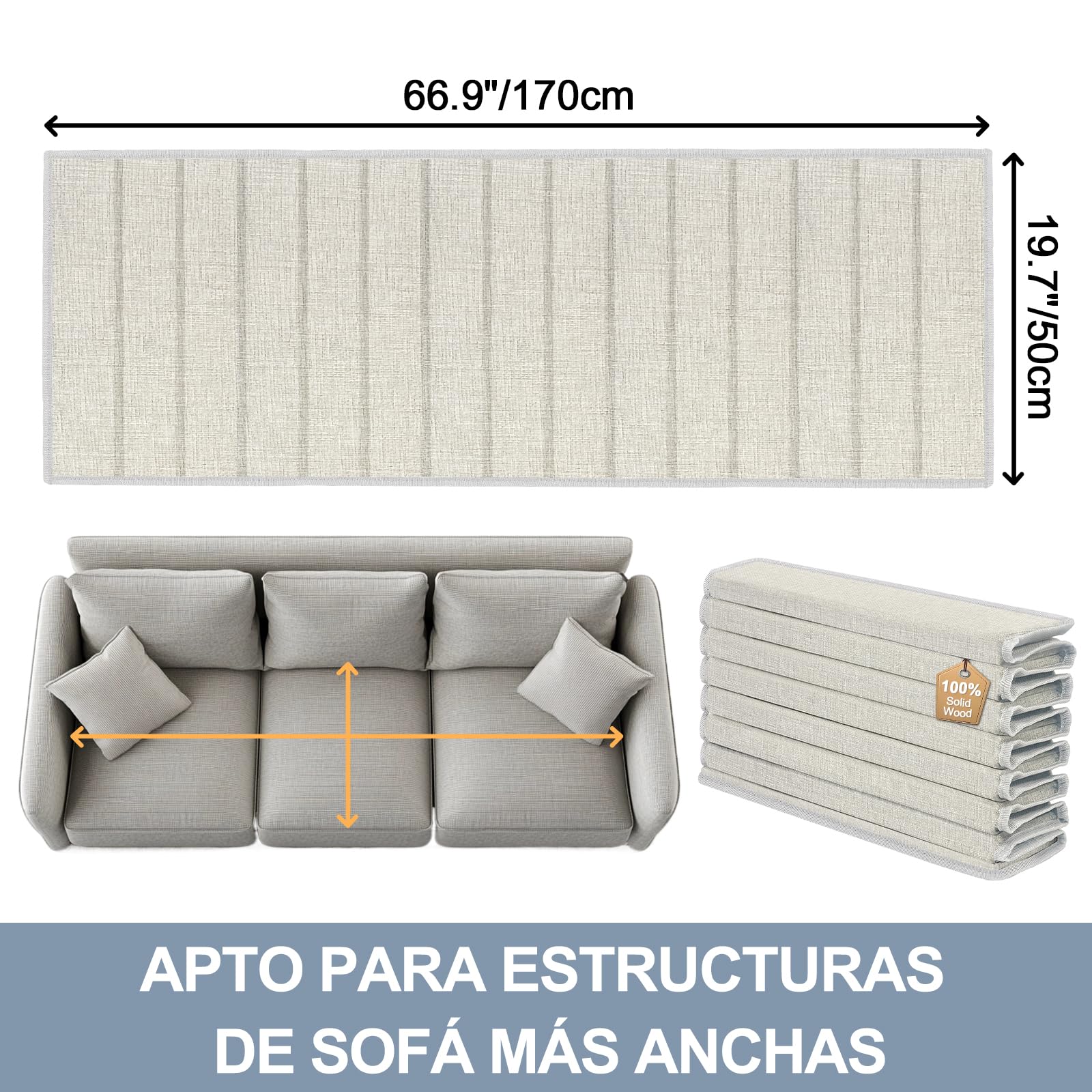 Tabla de Soporte para Asiento Hundido 60x170cm Refuerzo de Sofá Hundido Plegable Soporte de Sofá Hundido de Madera Repuesto de Refuerzo de Sofá Hundido Apto para la Mayoría de Sofás de 3 Plazas(Beige)