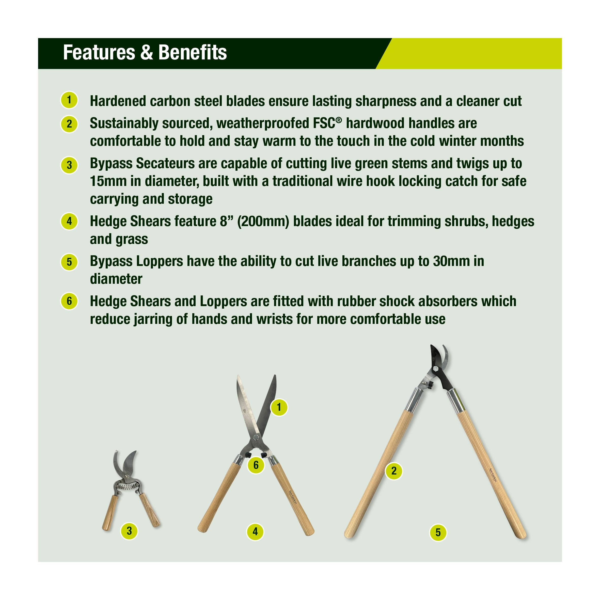 Spear & Jackson CUTSETKEW Kew Gardens Woodland 3 Piezas – Tijeras Bypass, Tijeras para Setos y Podadora Bypass – Hojas de Acero al Carbono, Mangos de Madera FSC