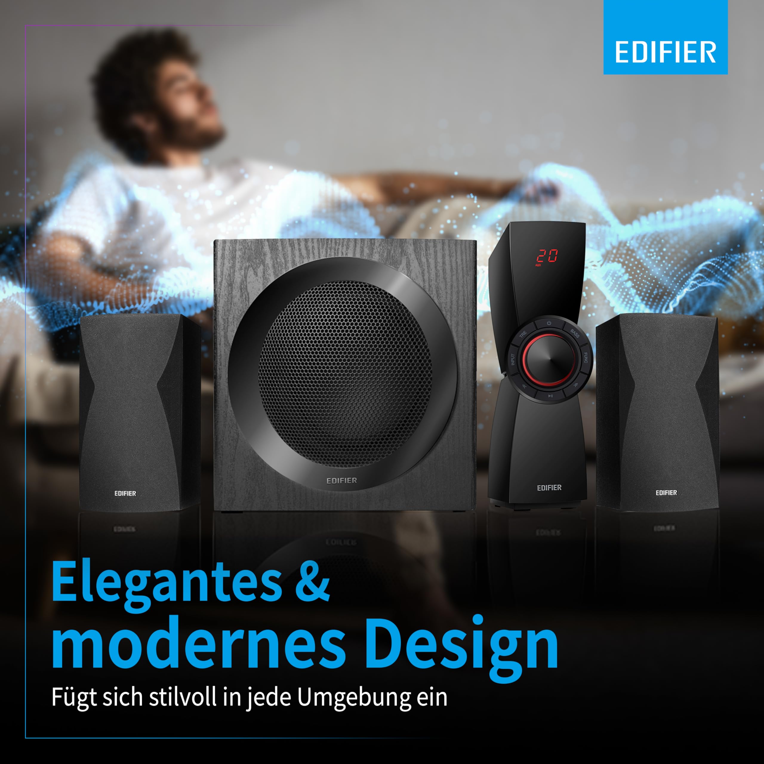 Edifier CX7 Aktives 2.1 Home-Entertainment-System mit Bluetooth V5.0, 21cm (8 Zoll) Subwoofer und Infrarot-Fernbedienung: Perfekt für TV, PC, Notebook etc., Schwarz