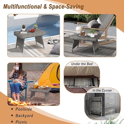 Miniatura 8 de RELAX4LIFE Mesa auxiliar de ratán para patio, mesa auxiliar plegable con mimbre de polietileno marrón de alta calidad y marco de acero de alta