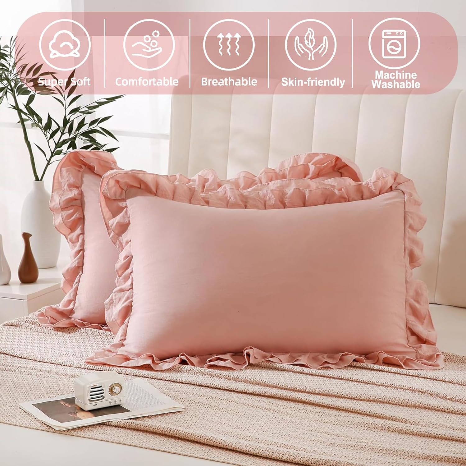 Bedbay King Pillow Cases Set of 2,Pink Ruffle Pillow Shams,Shabby Chic Pillow Cases King Size,Vintage Ruffled Decorative Pillow Covers,20x36 Inches Soft Microfiber Boho Bed Pillowcases 2 Pack