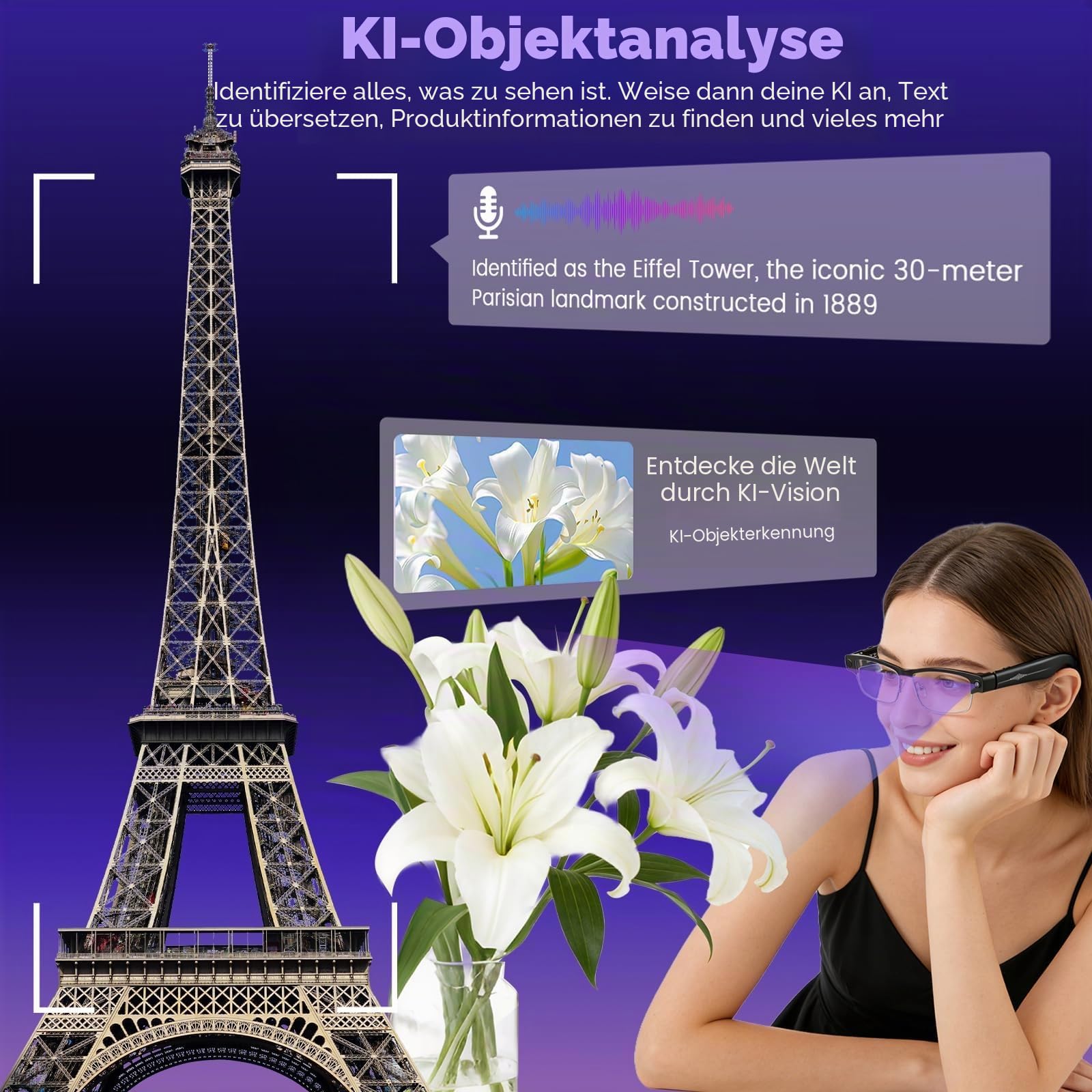 AI Smart Glasses mit 8MP HD Kamera, Smart Brille mit 1200P Video–Wechselbare Gläser, KI Brillen mit Bluetooth 5.4, 3000mAh, Live-Übersetzung, Objekterkennung für Reisen, Büro und Radfahren