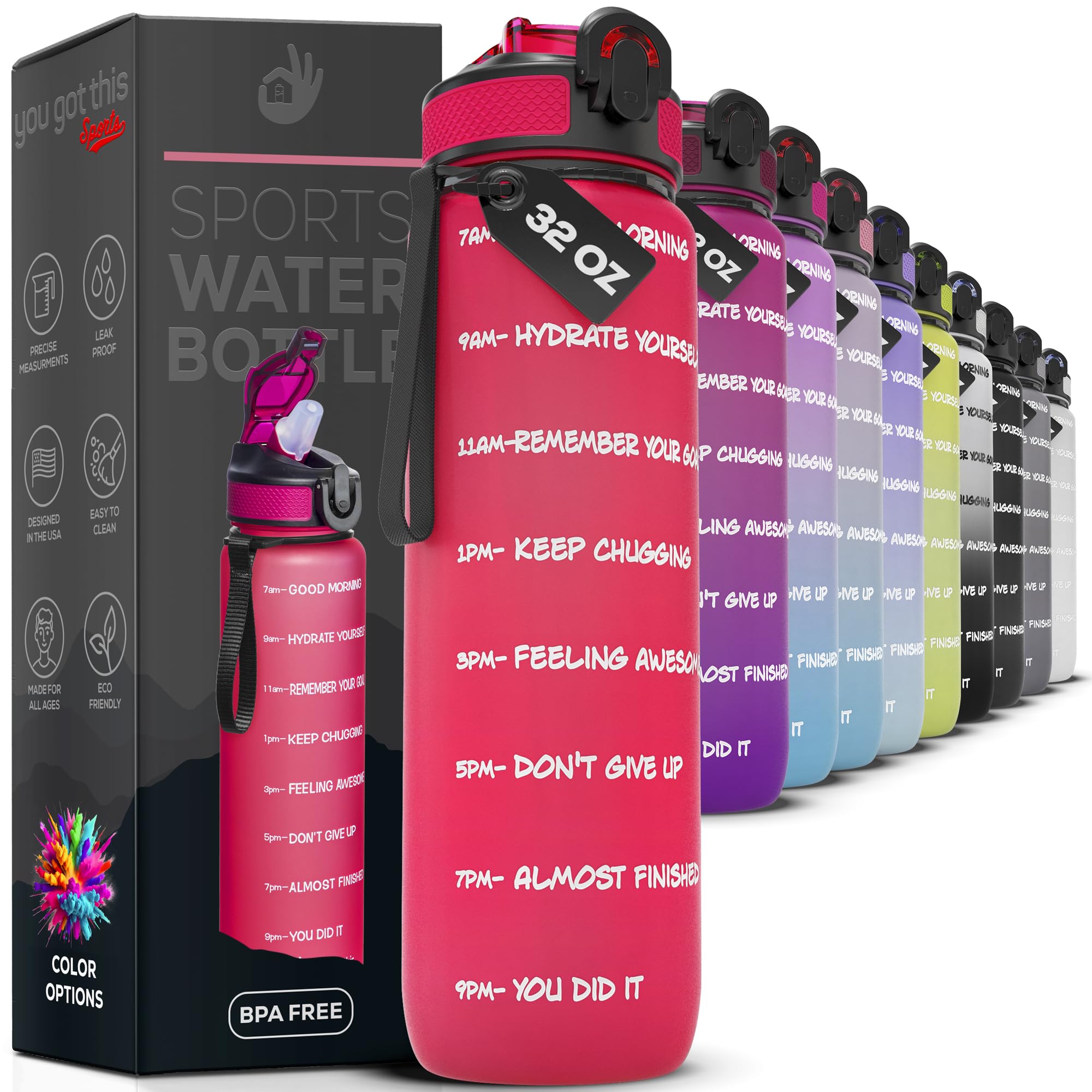 Motivierende Wasserflasche mit Zeitmarkierung, 900 ml, Sport-Wasserflasche mit Auslauf, auslaufsicher, BPA-frei