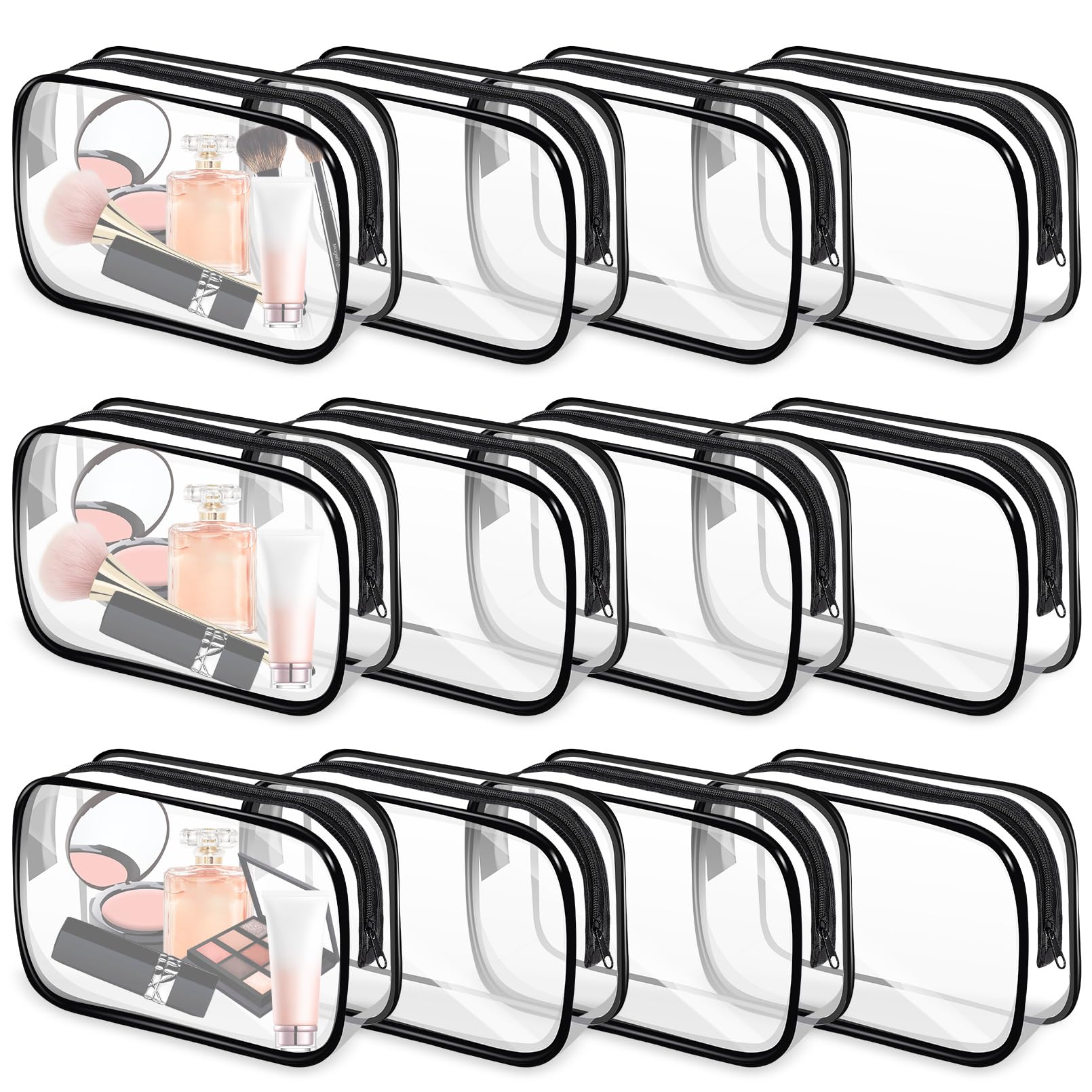 Cptoion 12 PCS Clear Makeup Bags,Clear Toiletry Bag,PVC Clear Cosmetic Bags with Zipper,Portable Transparent Toiletry Bags for Travel Women Men(Black,