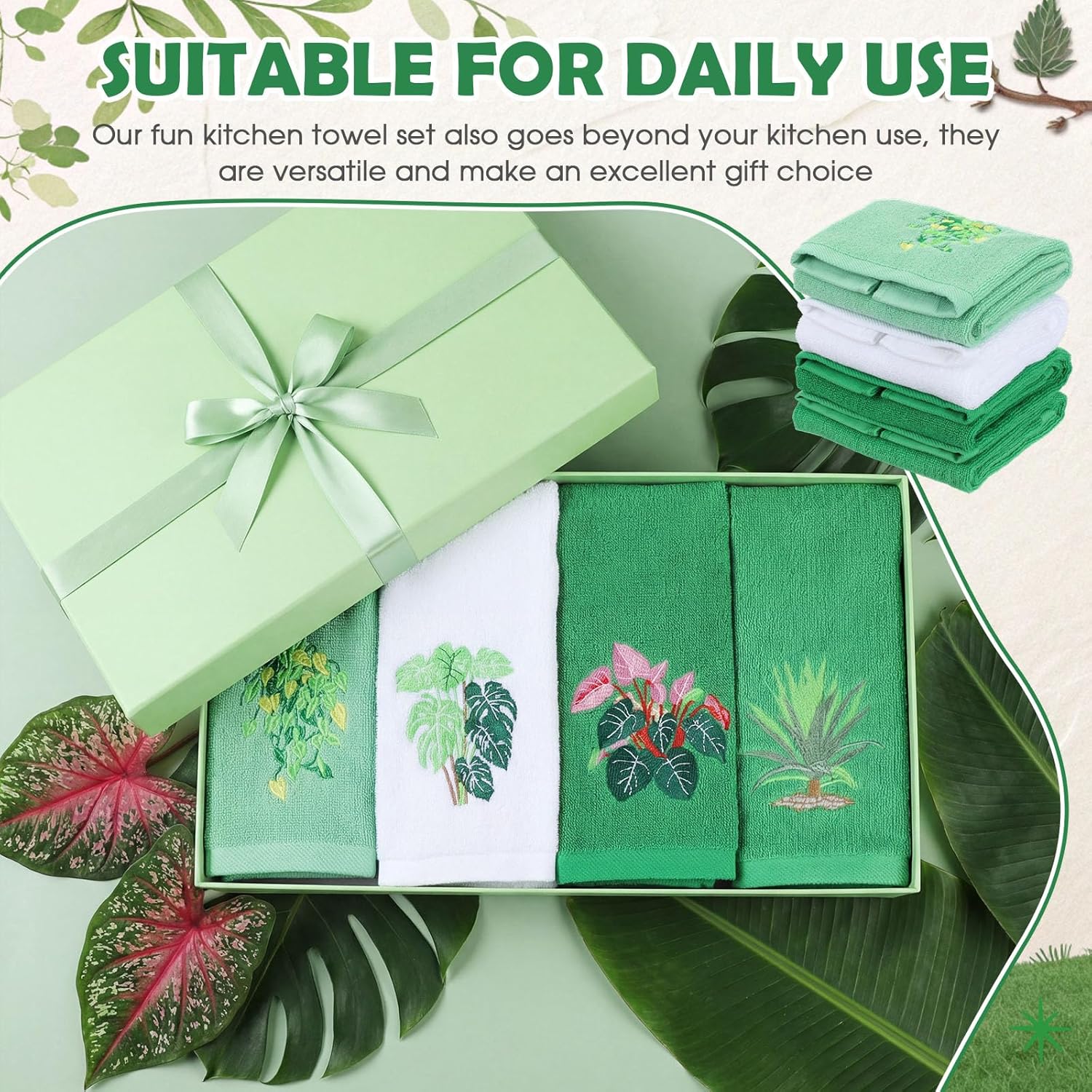 HunnmingRe 4 Pack Potted Plant Towels Greenery Leaf Green Cotton Embroidered Hand Towel Gifts 29.5'' x 13.8'' Soft Absorbent Kitchen Dish Cloths Bathroom Decorative Nature Housewarming Party Supplies