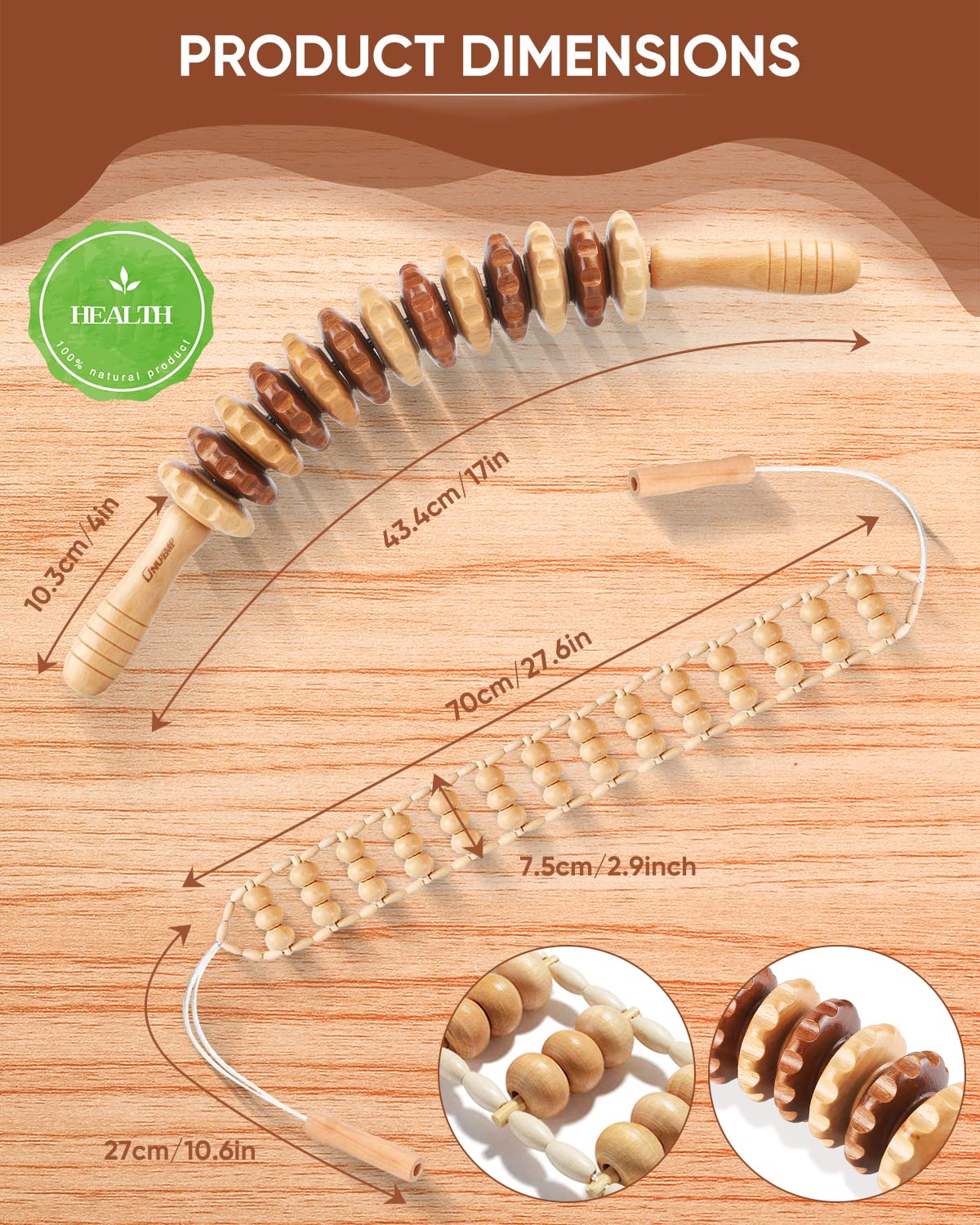 Rodillo de masaje para espalda con mango, set de Maderoterapia, dispositivo de masaje anticelulitis, masajeador de madera, adecuado para cuello, piernas, espalda, cuerpo, 2 unidades