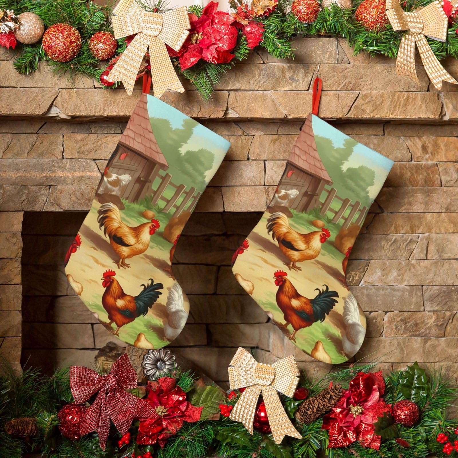 KLOPH Christmas Stockings 18" Personalized Xmas Stocking Roast Chicken Hen Farm Decoration Stocking Hanging Fireplace Stocking for Holiday Xmas Tree Christmas Fireplace Decor